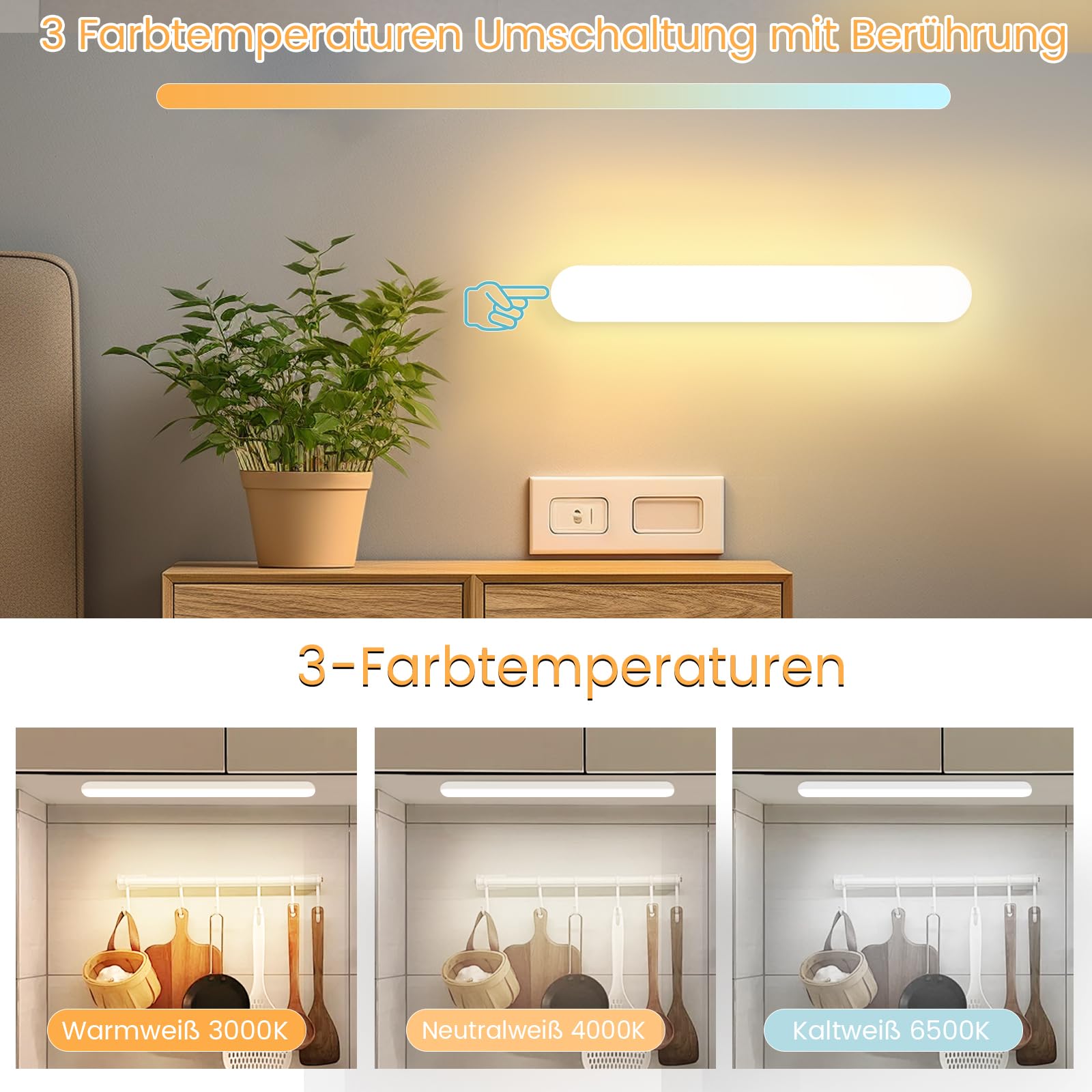 CBJKTX 6x Unterbauleuchte Küche LED Schrankbeleuchtung mit Bewegungssensor | - Küchenlampe USB Aufladbar Akku Nachtlicht Kabellos Schranklicht 24CM Magnet Innen Unterschrank Beleuchtung