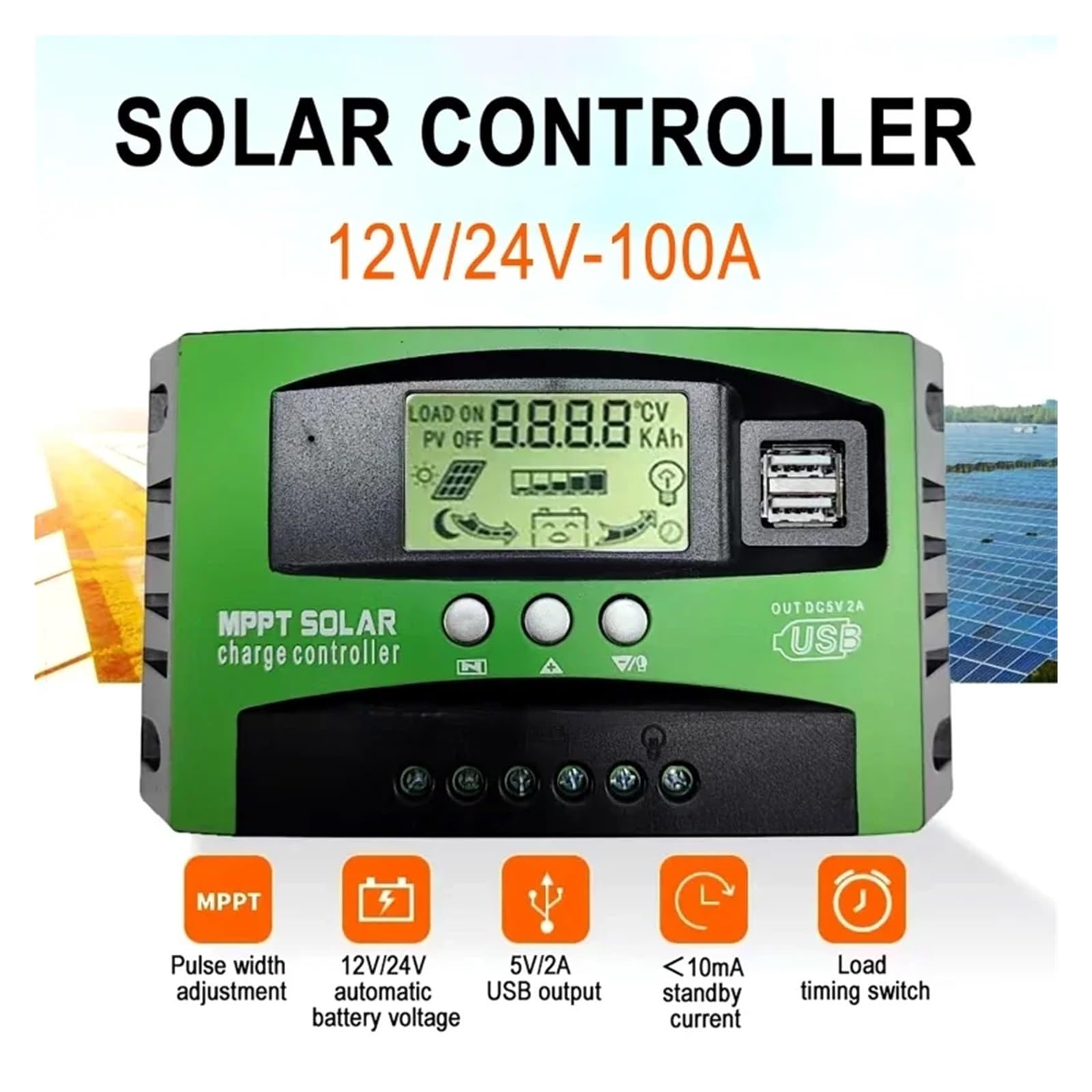12V 24V Regulator Ładowania Słonecznego 30A 40A 60A 100A Przełącznik Czasowy Obciążenia Panel Słoneczny Regulator PV Wyświetlacz LCD 5V Podwójny USB Panel słoneczny(30A)