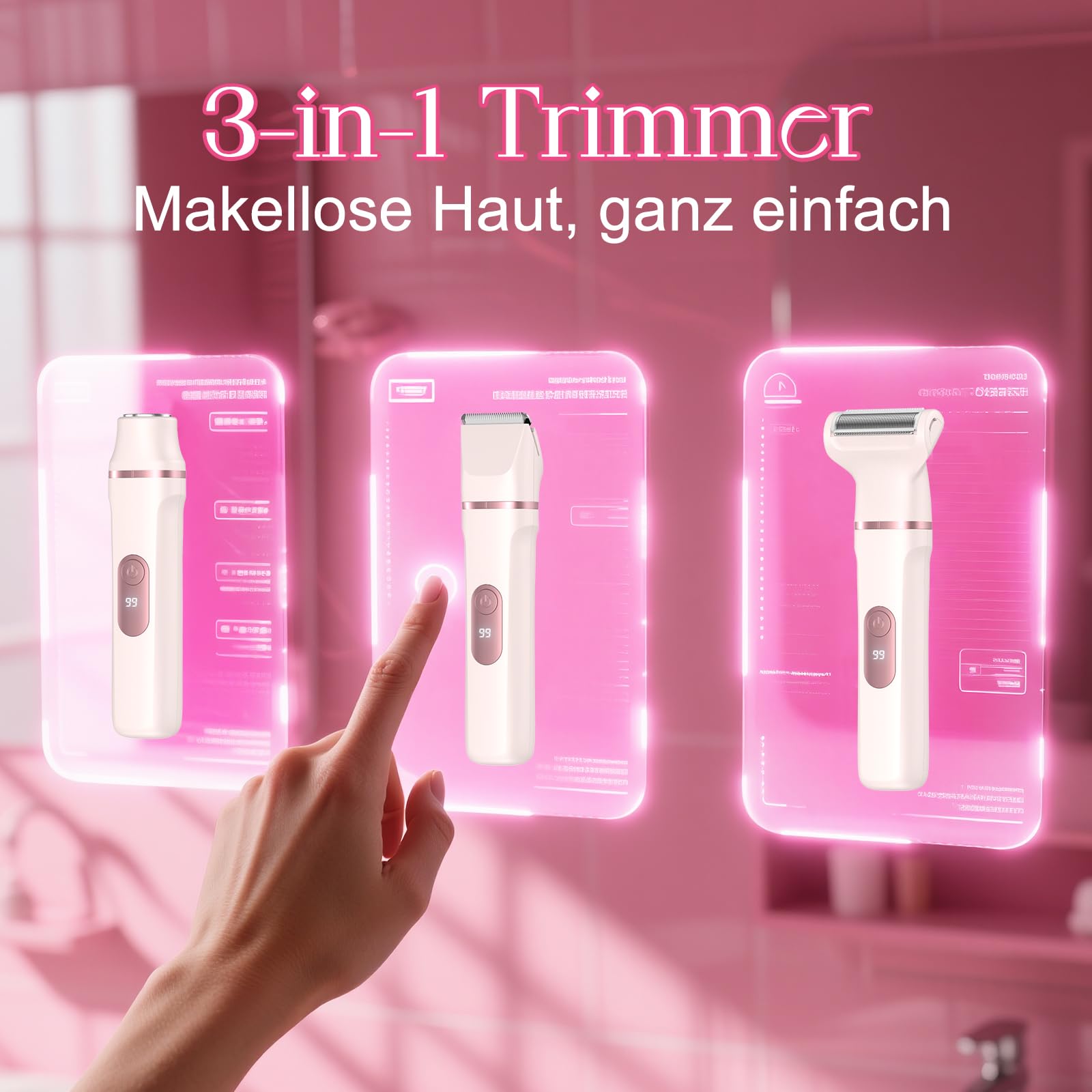 Rasierer Damen, 3-in-1 Intimrasierer für Frauen, für Körper & Intimbereich mit LED-Anzeige, Damenrasierer elektrisch IPX7, Wiederaufladbar mit USB-Ladestation, Trimmer Damen nass & trocken, Rosa