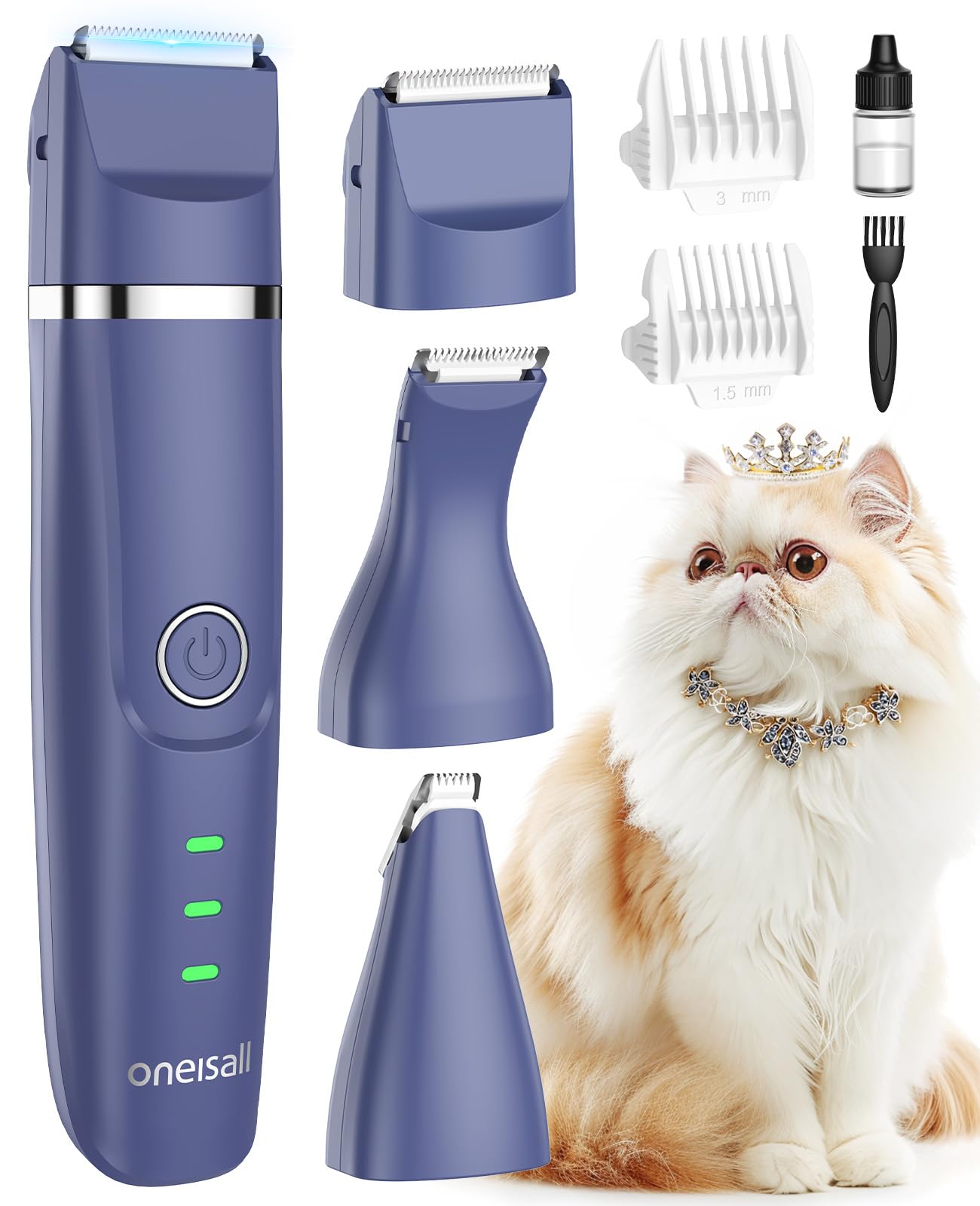 oneisall 3 in 1 Schermaschine Katze Hunde Set, Leise Katzenrasierer Profi Haarschneidemaschine für Katzen Hunde für Pfoten, Hintern, verknotet, Dingleberry (Weiß) (Lila)