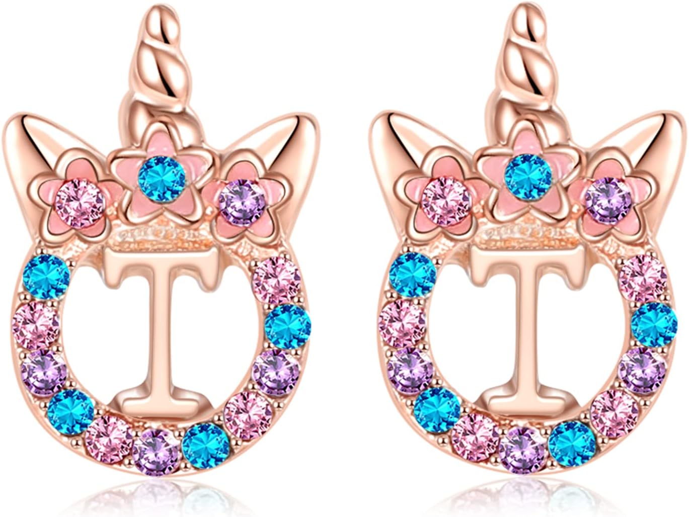 Unicorns Hypoallergenic Stud Earrings CZ Initial Letter Stud Earrings Unicorns Jewelry Gifts for Girls 3 years old +