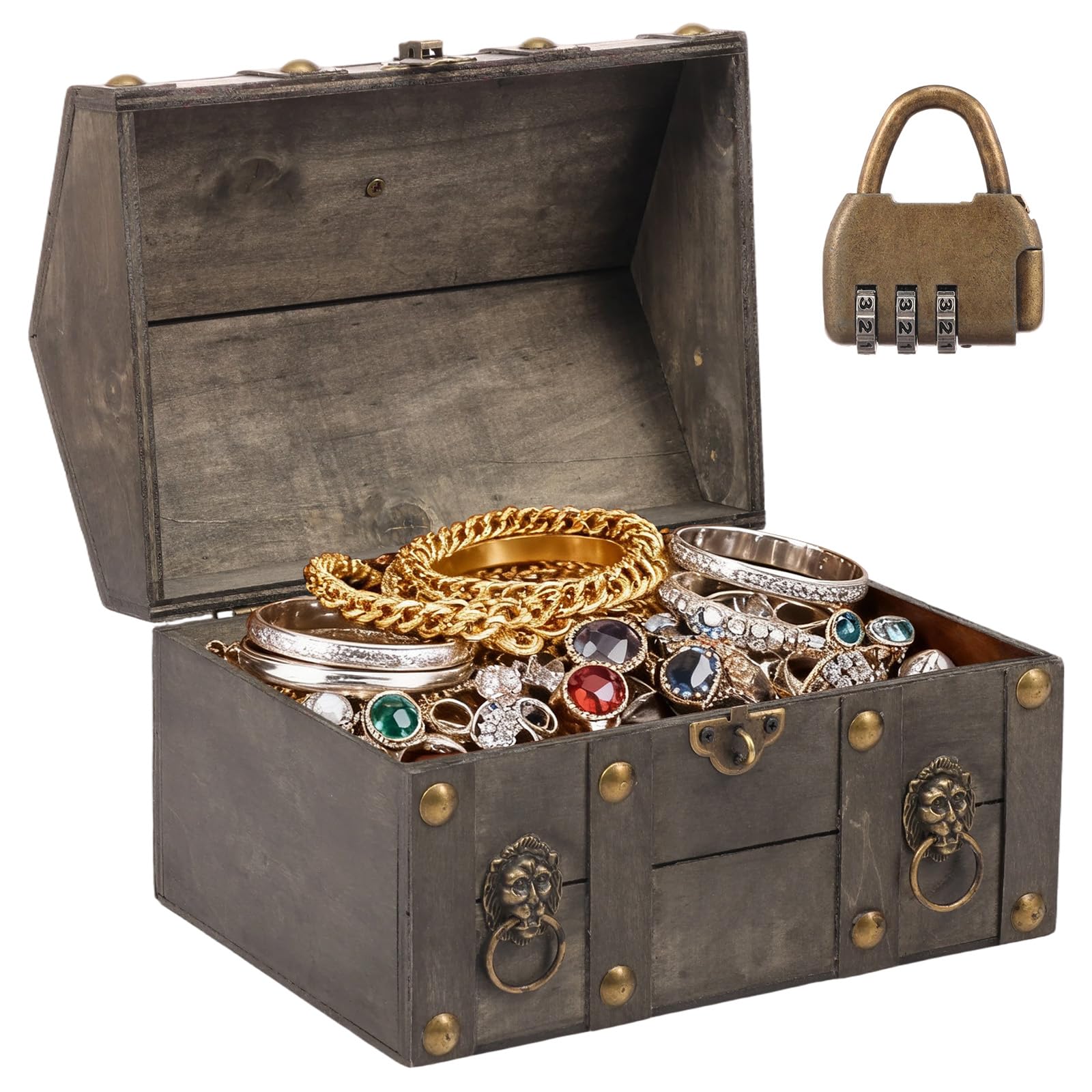 Vintage Wooden Treasure Chest Box with Metal Lock, Decorative Souvenir Storage Box, Antique Keepsakes Storage Organizer, Rectangle Jewelry Trinket Chest Treasure Container for Ring Necklace Earring