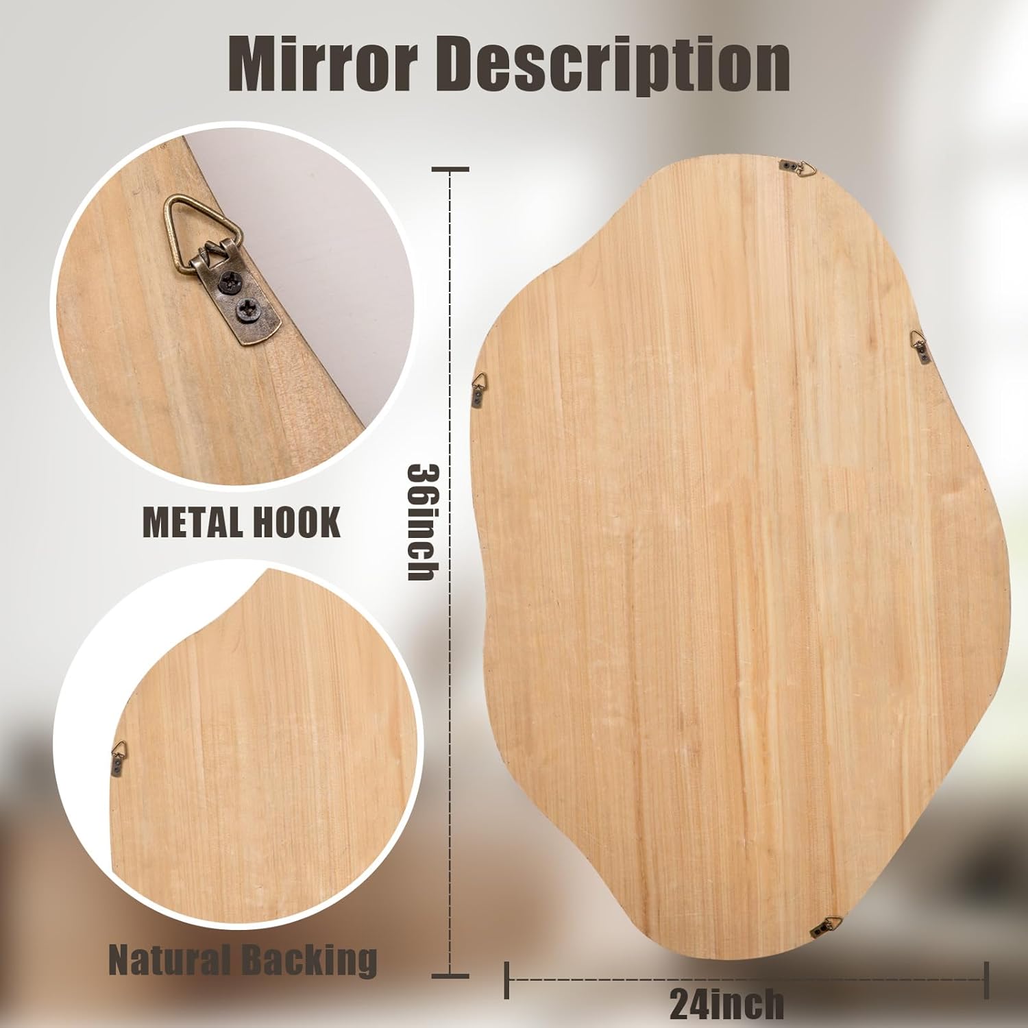 ULIKE Irregular Wall Mirror, 24x36 Inch Asymmetrical Wall Mirror with Solid Wood Frame, Mid-Century Modern Decor with Natural Wood, Vanity Mirrors for Bathroom Bedroom Living Room Entryway