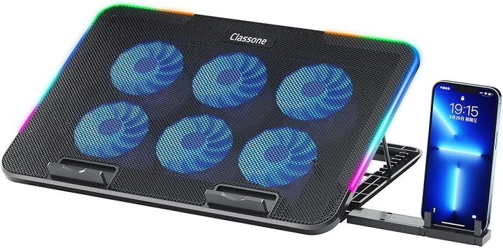 Classone Gaming M60 Laptop Soğutucu, 2500 RPM,10 RGB ışık kontrolü, 15.6-17 inch, Hız kontrolü, 6 Büyük fan,Telefon standı, 2 USB
