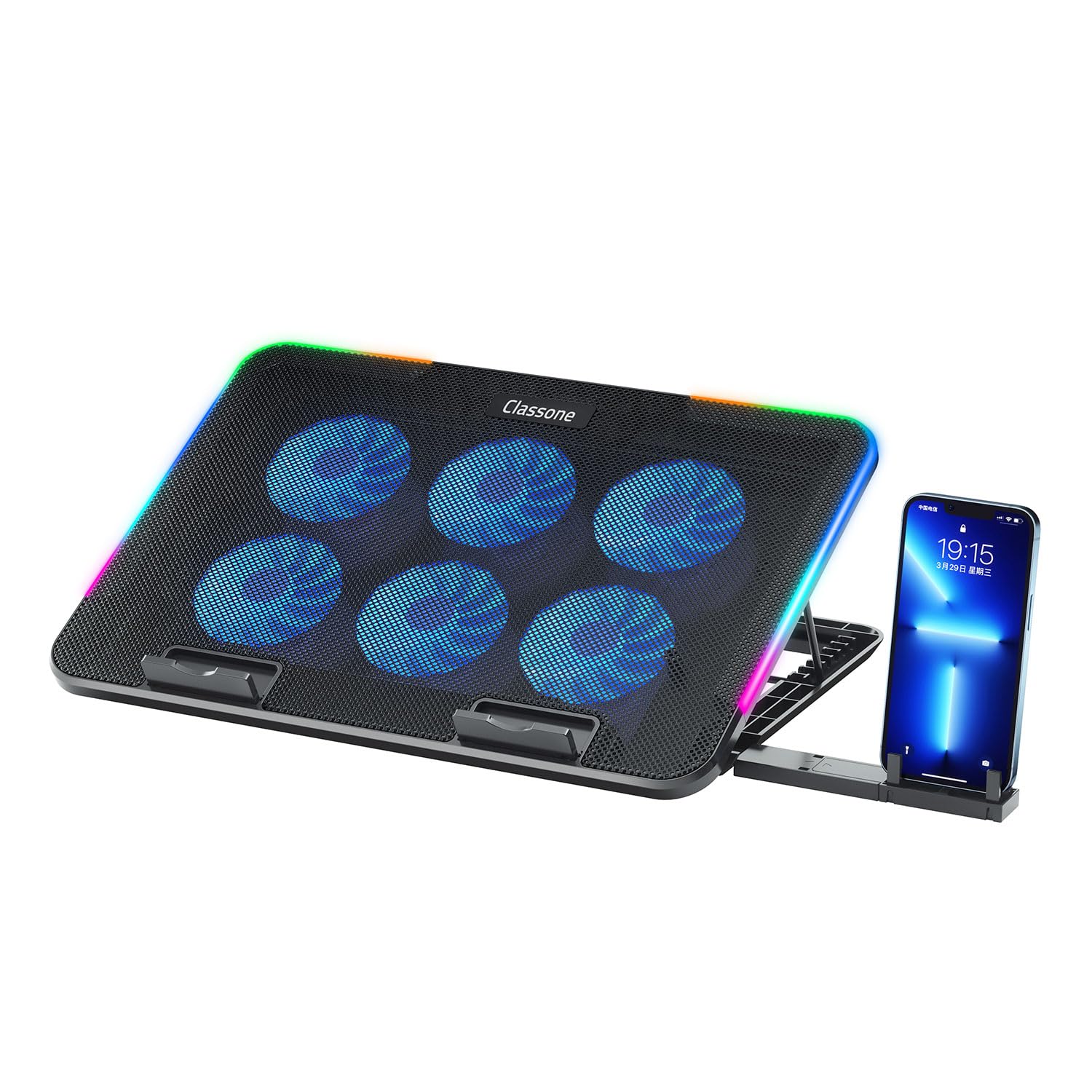 Classone Gaming M60 Laptop Soğutucu, Notebook Stand,10 RGB ışık kontrolü, 15.6-17 inch, Hız kontrolü, 6 Büyük fan,Telefon standı, 2 USB