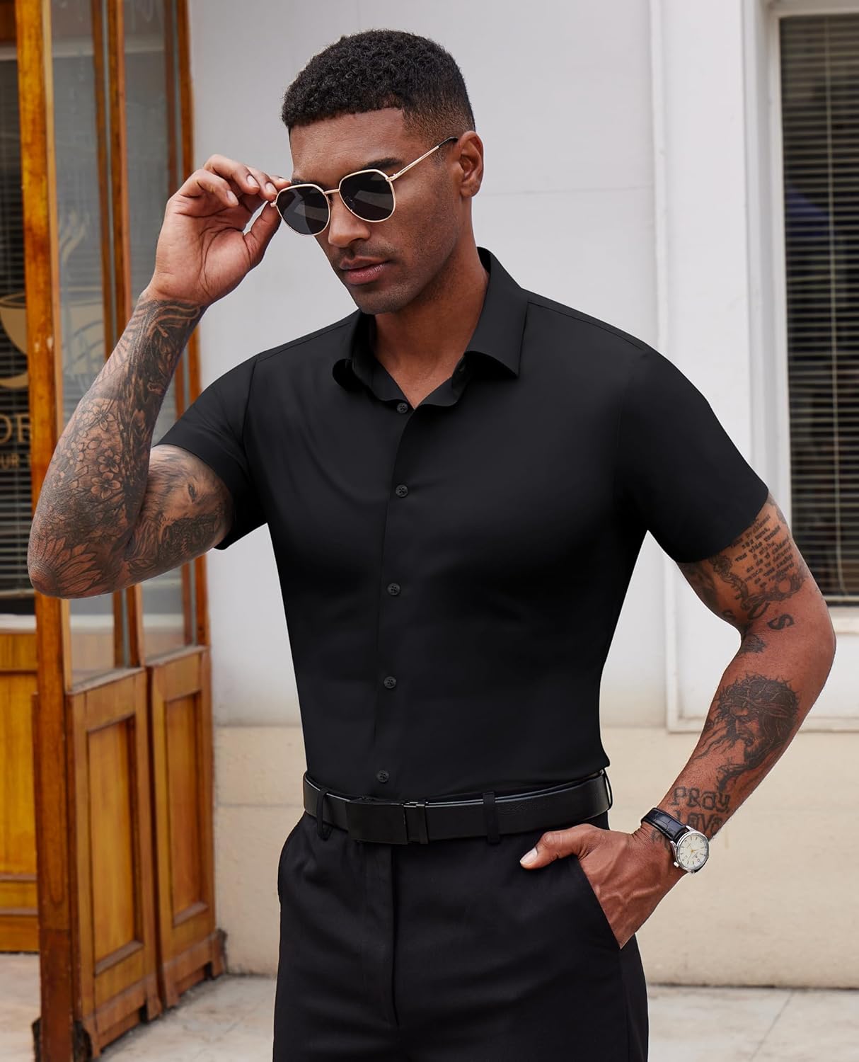 Lion Nardo Stretch Dress Shirts for Men Short Sleeve Slim Fit Casual Button Down Shirts Muscle Fit Men's Dress Shirts - Image 5