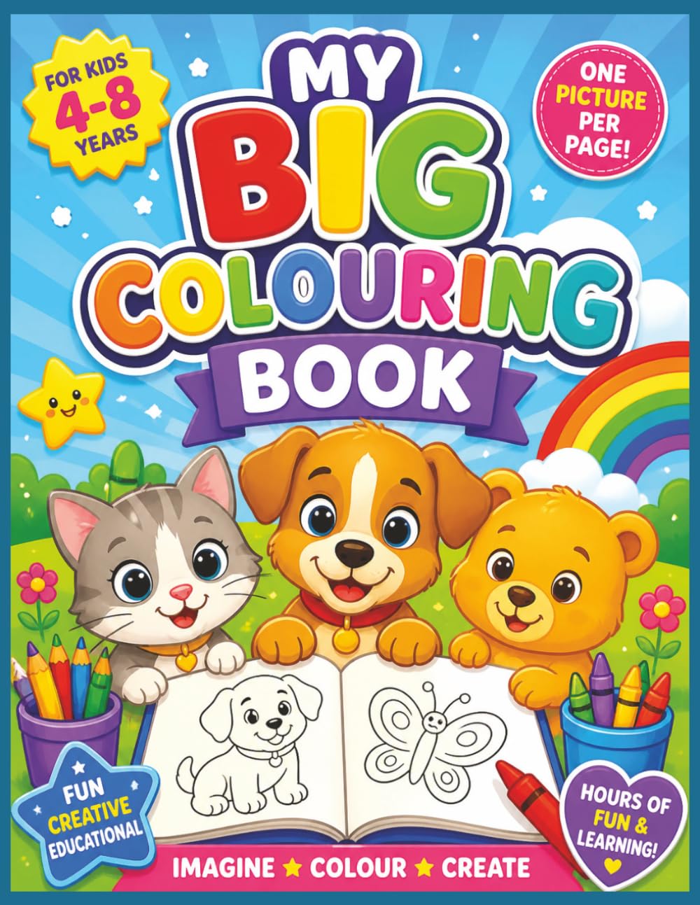 My Big Colouring Book for Kids Ages 4–8: 100 pages (50 single-sided colouring pictures), welcome page, 'this book belongs to' page