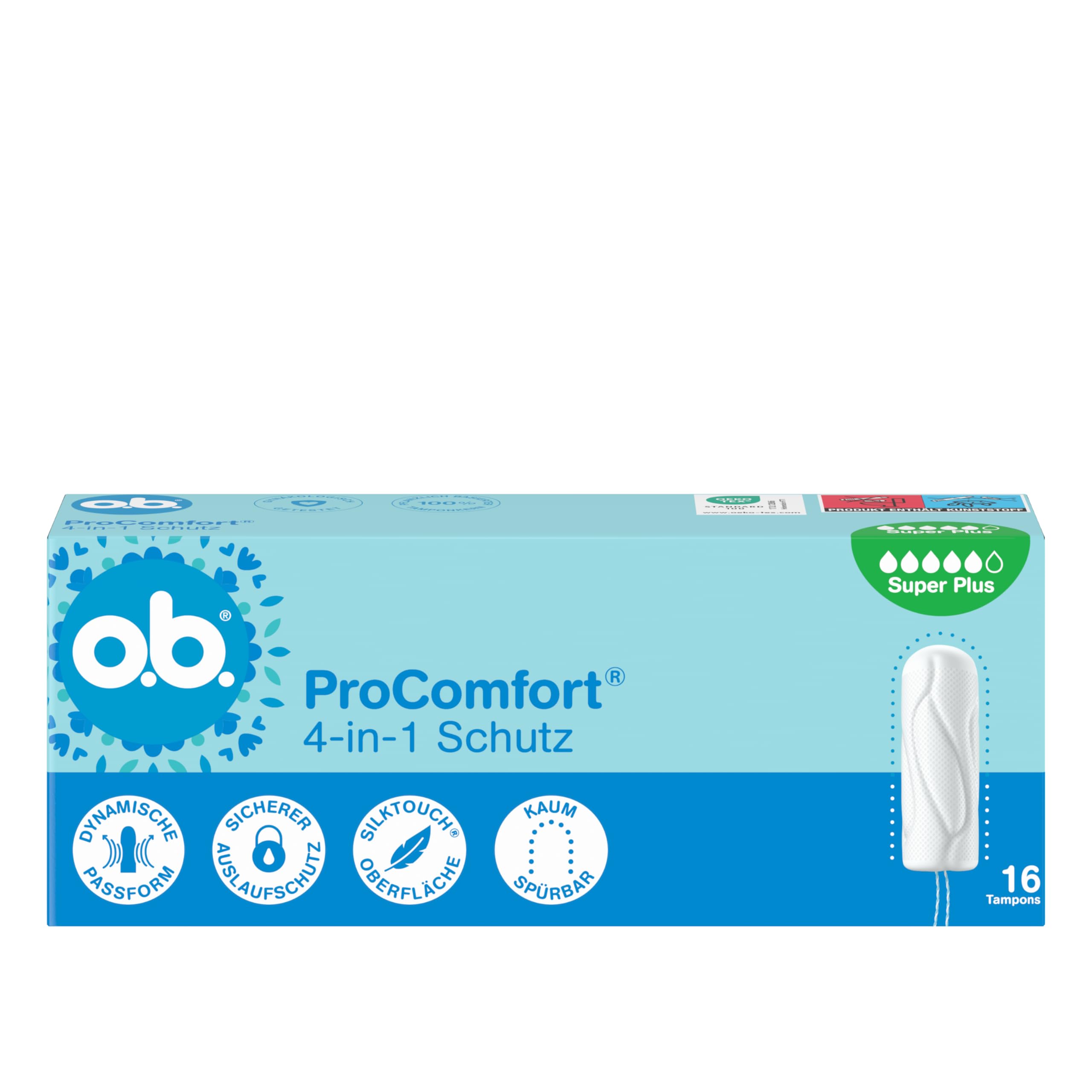 o.b. ProComfort super plus tampony ochronne 4 w 1 (5 x 16 szt.) z bardzo delikatną końcówką do łatwego wkładania i do 100% ochrony przed wyciekiem, idealne do uprawiania sportu i na co dzień
