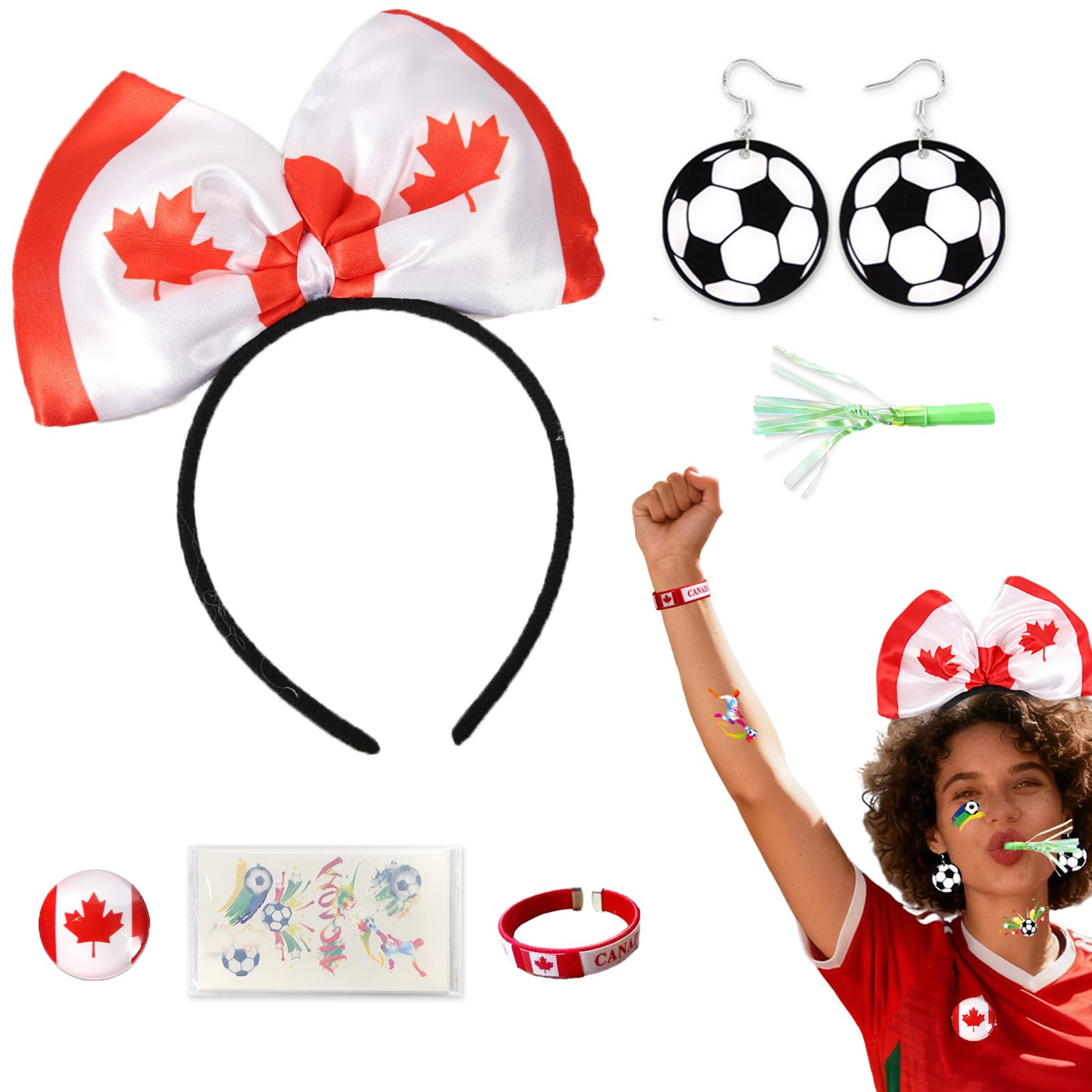Canada Flag Soccer Headband,2026 Soccer Fan Support Kit for Canada Fans,Patriotic Party Supplies Includes Tattoos Stickers Bracelets Earrings & Whistles for Game Day Photo Props - 1