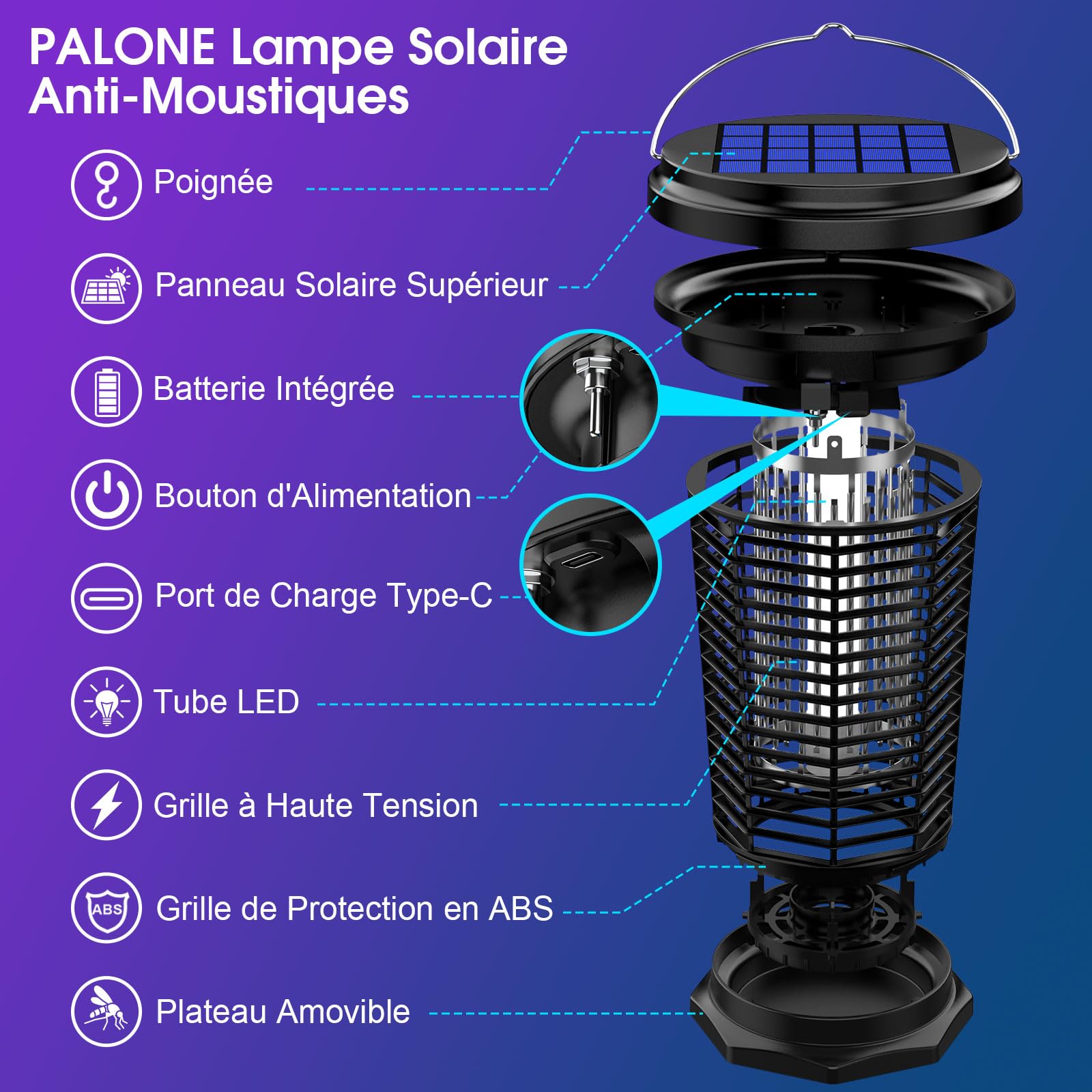 PALONE Lampe Anti Moustique Solaire 4500V