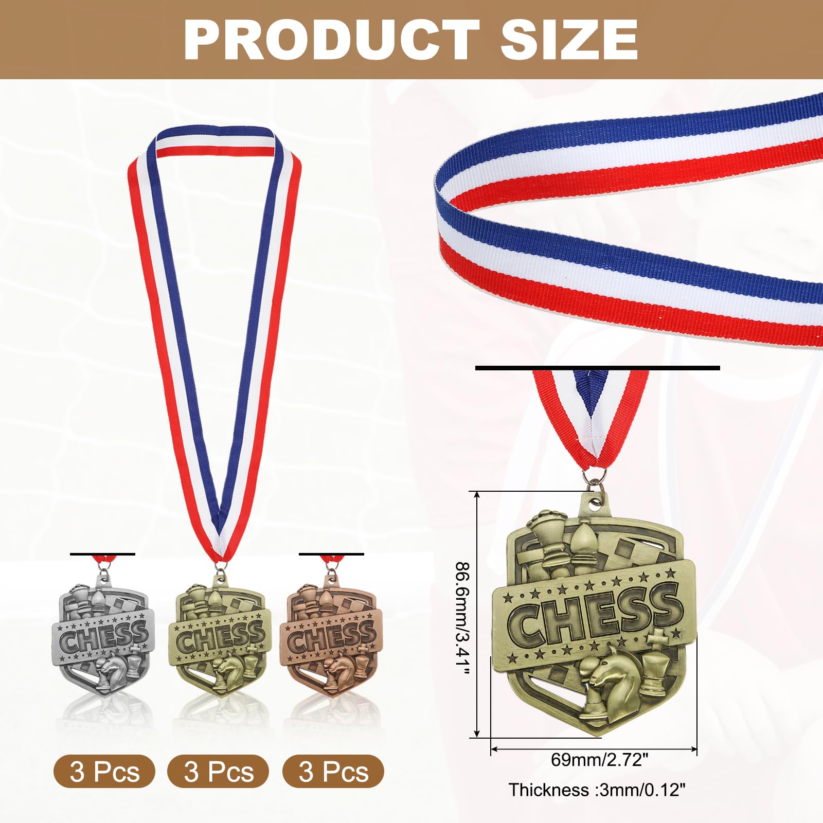 PATIKIL Medallas de Oro, Plata y Bronce para Torneos de Ajedrez con Cintas Rojas, Blancas y Azules, 9 Piezas de Medallas de Ganador para Competencias, Fiestas, Oro/Plata/Rojo