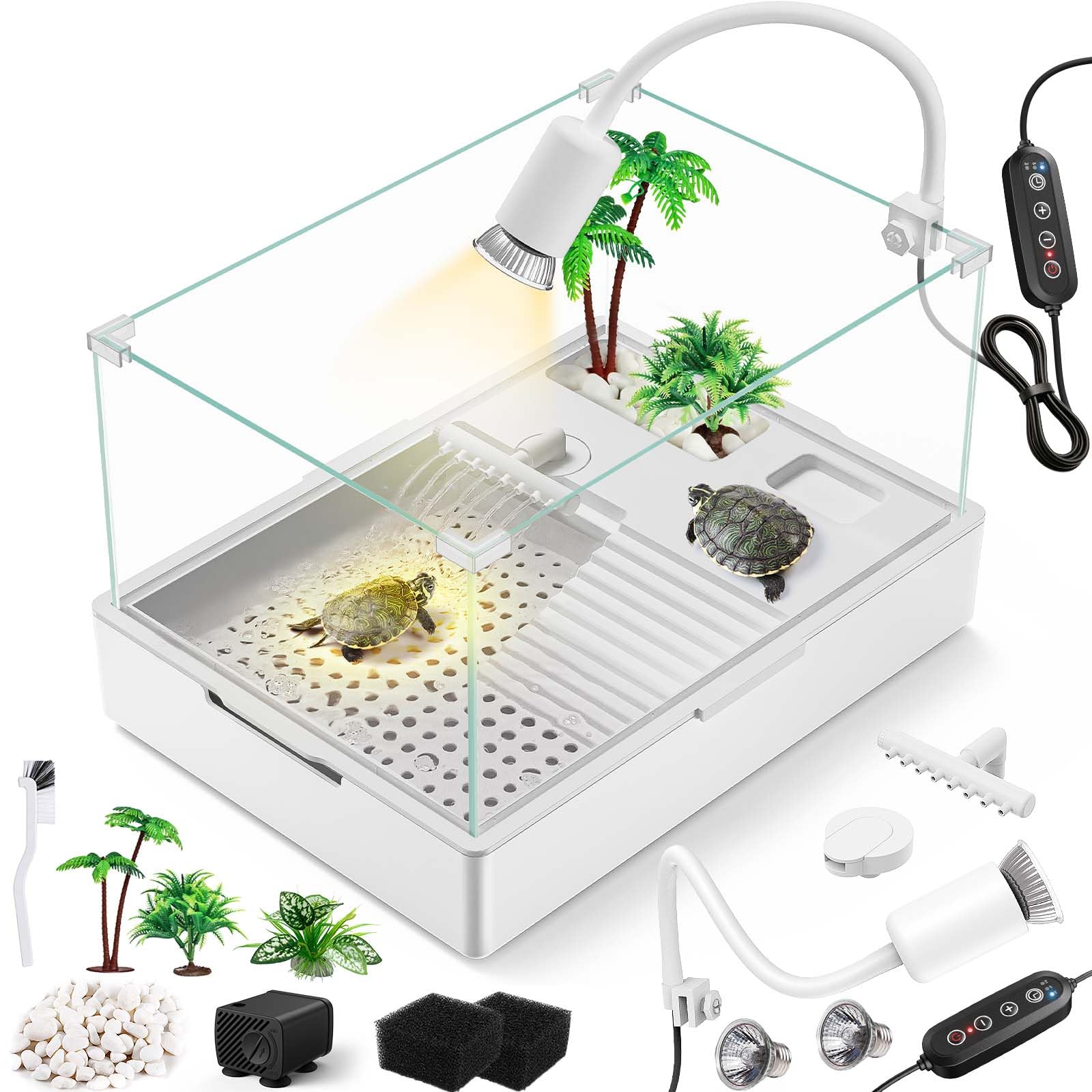 Moonorange Kit serbatoio per tartarughe piccole(serbatoio + luce + pompa acqua) kit di avviamento serbatoio per tartarughe in acrilico con soffione doccia a pioggia migliorato, pompa dell'acqua