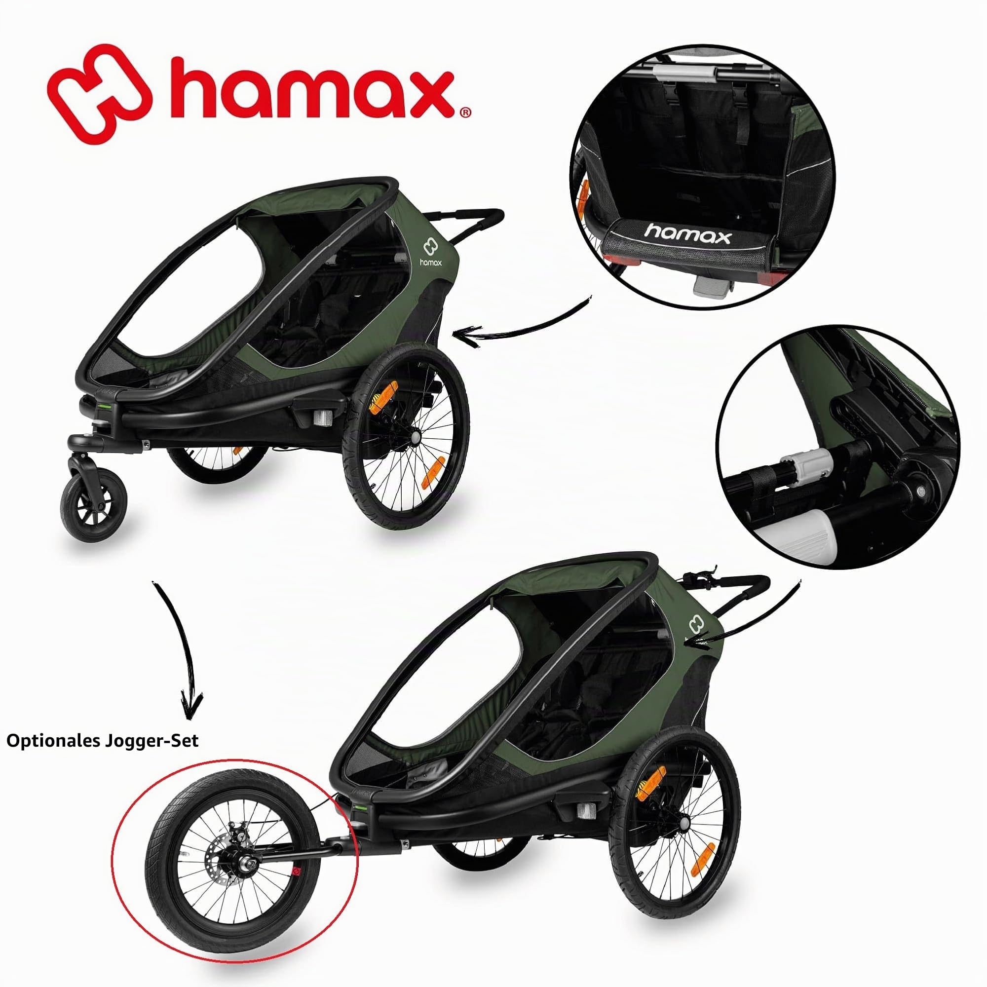 Hamax - Outback-Anhänger – 2-Sitzer – leicht und bequem – neigbare Sitze – große Fenster – Reflektoren vorne/hinten – faltbar und tragbar – Befestigung Fahrrad oder Kinderwagen
