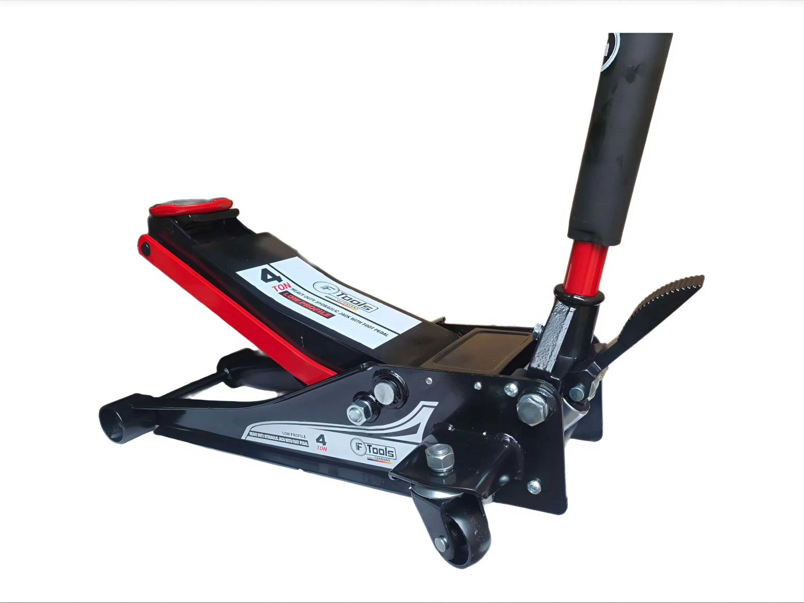 Cric hydraulique 4T à double piston avec pédale – Extra plat 75–500 mm – Levée rapide et roues à 360° – Auto, SUV et fourgon – Cric de manœuvre professionnel pour atelier