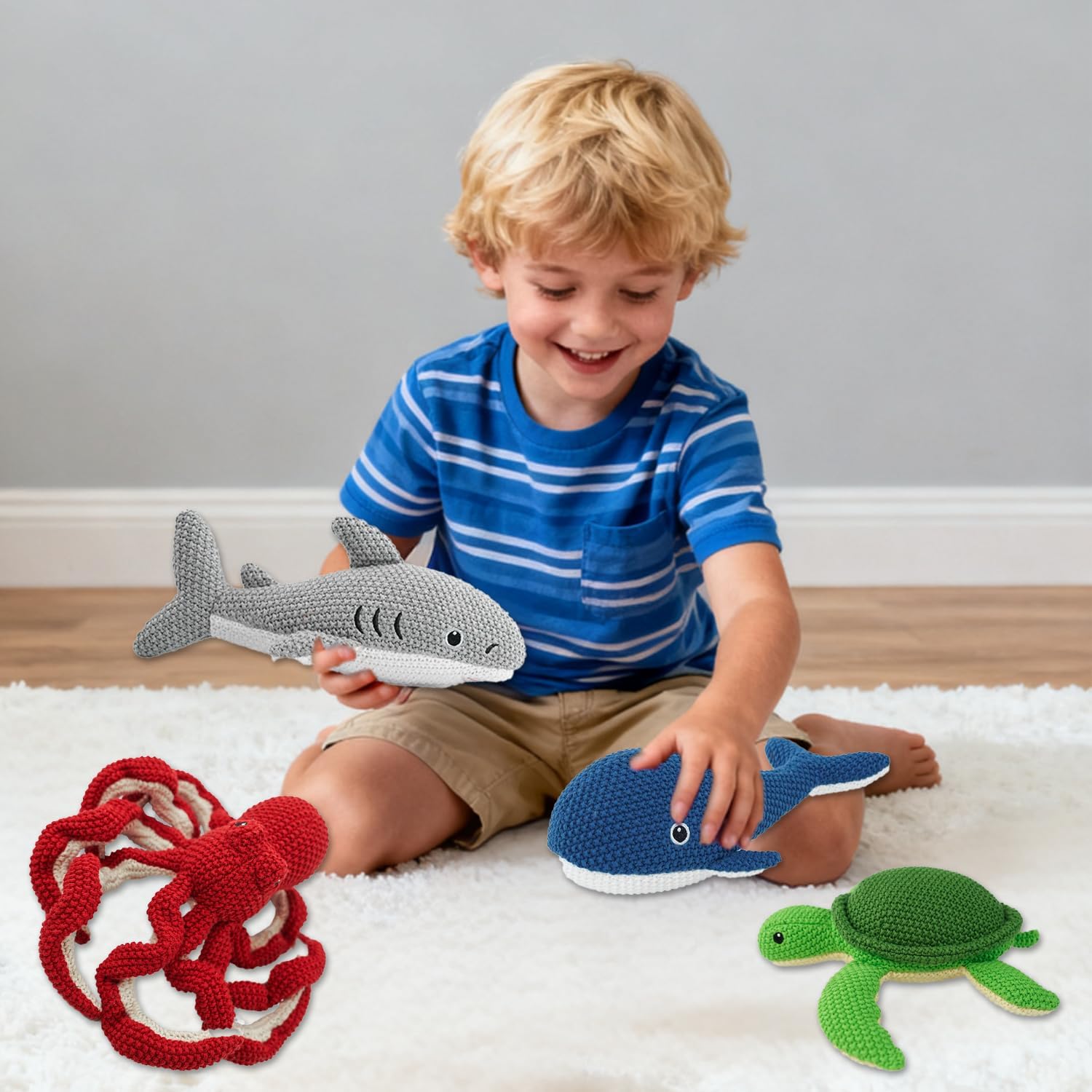 4Pcs Baby Stuffed Animal Set with 4 Sea Animals- 9 Inch Octopus, Turtle, Shark, Whale Crochet Toy 100% Cotton Plush Stuffed Toys for Baby Kids Boys Girls Fun Gift for Birthday, Christmas, Easter Party