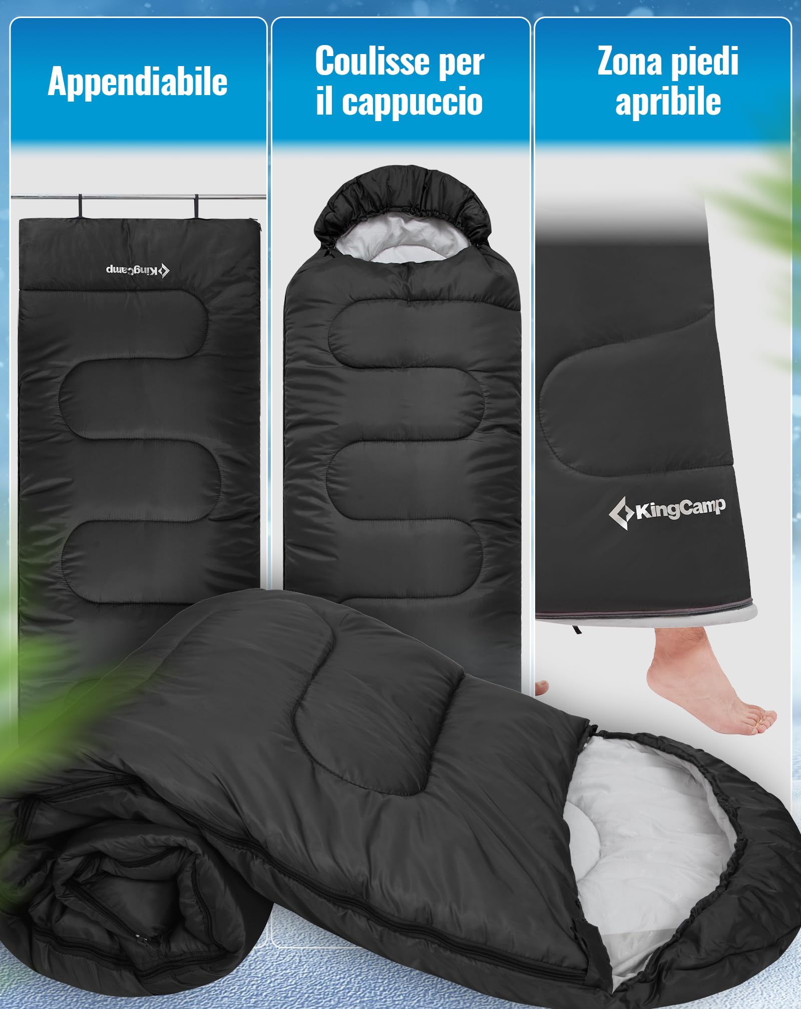 KingCamp Sacco a Pelo Oasis 3-4 Stagioni Impermeabile e Leggero per Camping (Bambini e Adulti) - Collegabile Sinistra/Destra per Doppio, Ideale per Viaggi e Attività Outdoor