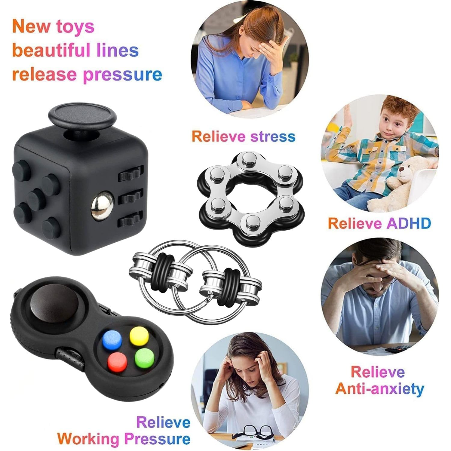 Yeefunjoy Fidget Toys zestaw 4 zabawek antystresowych, kontrolery Fidget Pad, sześć rolek i breloczków, antystresowe, dla dorosłych i dzieci (czarny)