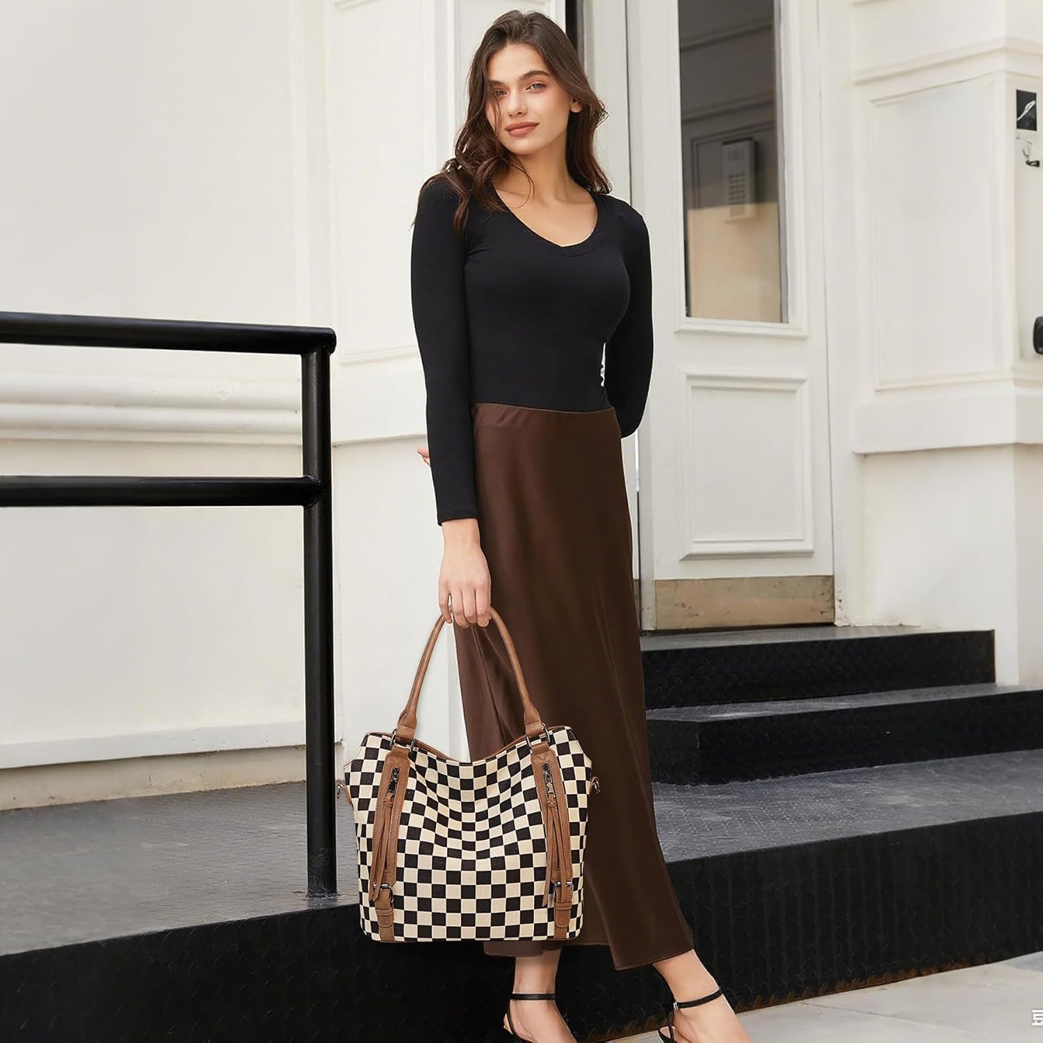 Checkered Large Hobo Purses for Women Vintage Tote Bag for Women Shoulder Bag Multiple Pockets Tote Handbags - Image 2