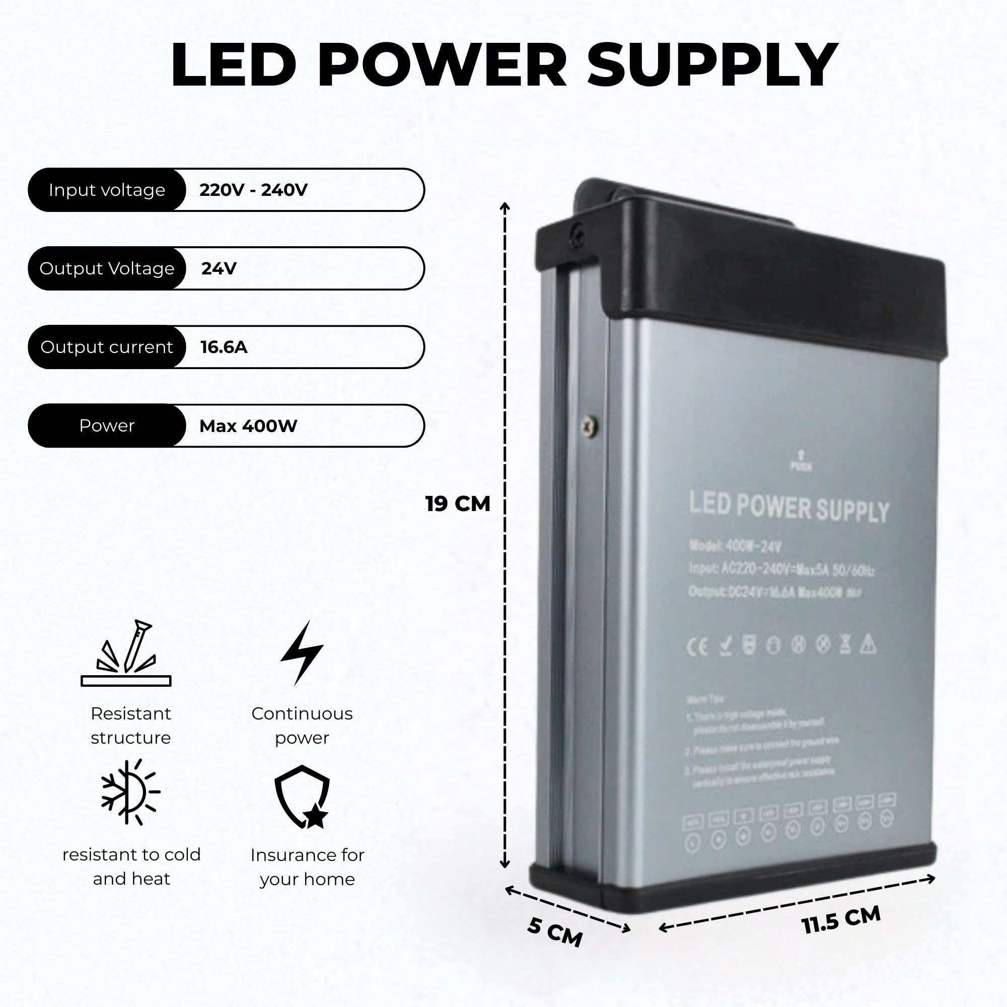 Trasformatore di Potenza 240V a 24V, 400W | Impermeabile IP43, Per Esterni, Per Strisce LED, Driver LED Switching, Alimentatore a Bassa Tensione
