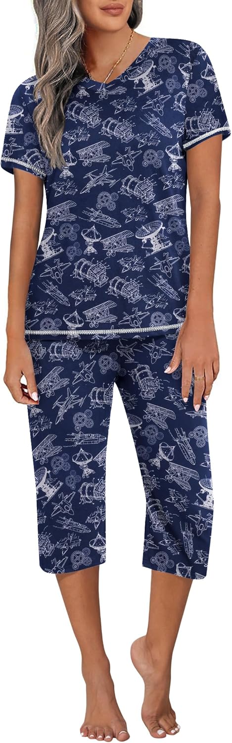 Ekouaer Women's Pajama Set 2 Piece Short Sleeve Capri Pj Sets V Neck Loungewear Sleepwear with Pockets S-3XL