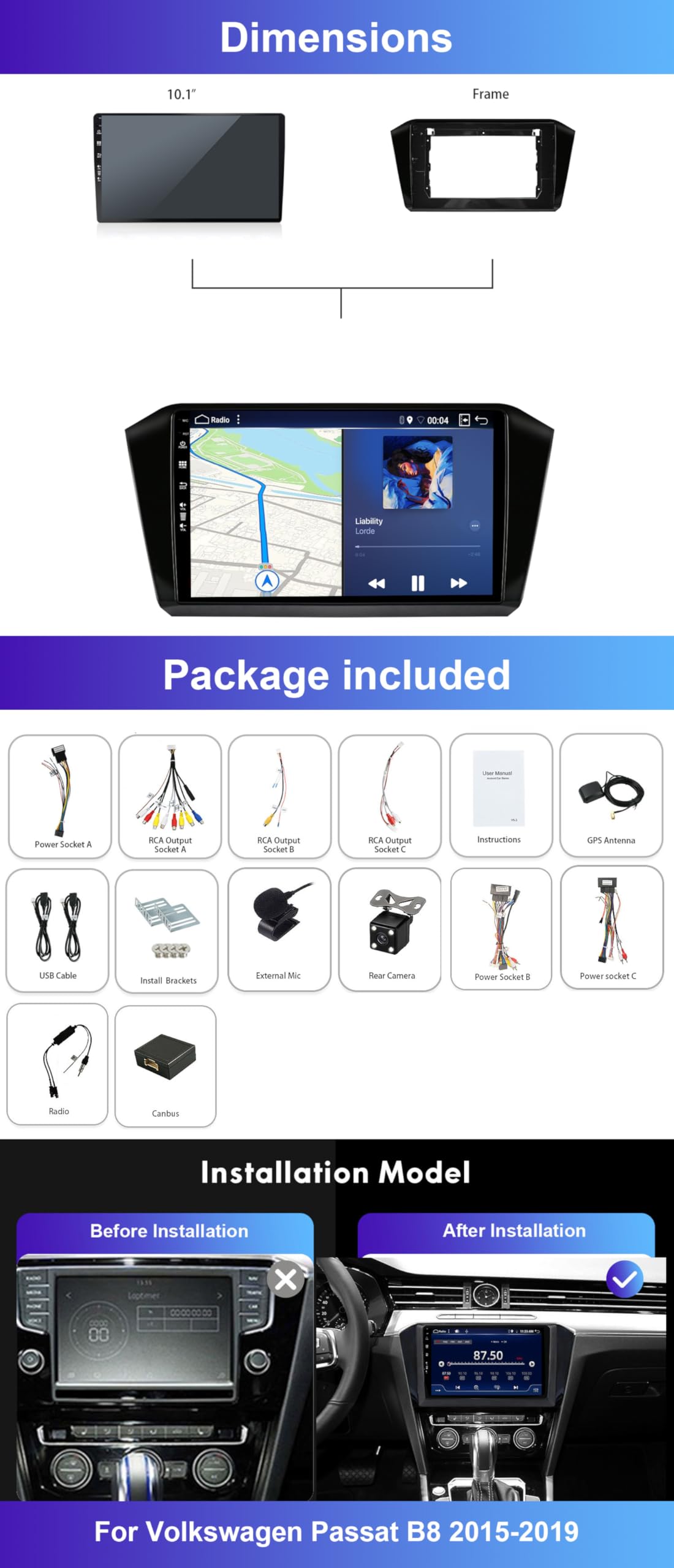 Radio Coche 10 Pulgadas IPS Pantalla Táctil 6GB + 128GB Android 15 con GPS Cámara Carplay WiFi SWC DSP para Volkswagen Passat B8 2015-2019
