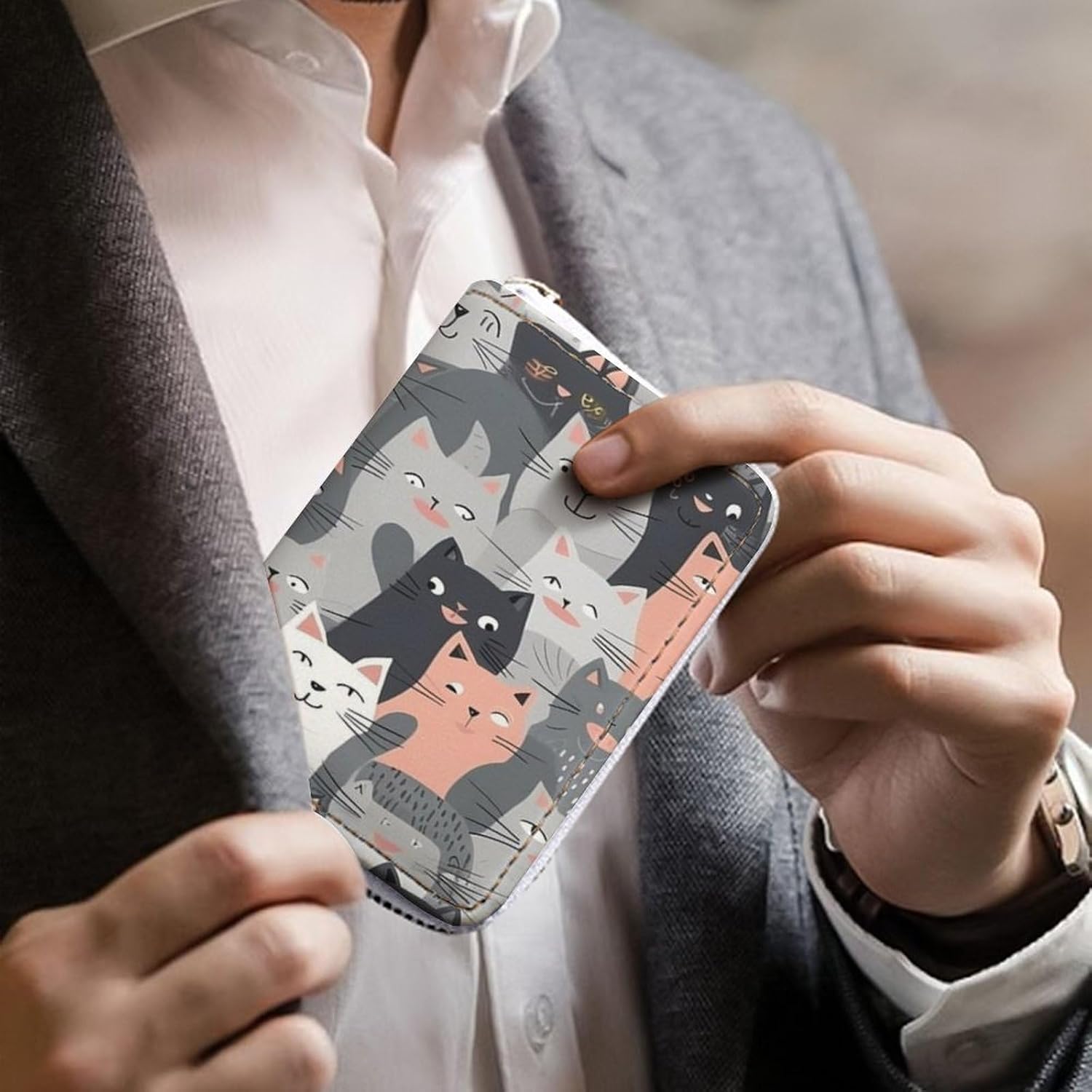 Leather Card Organizer Case Card Wallet Credit Card Holder Cute Funny Grey Cats Pattern Printed Zipper Card Cases Holder for Women Men