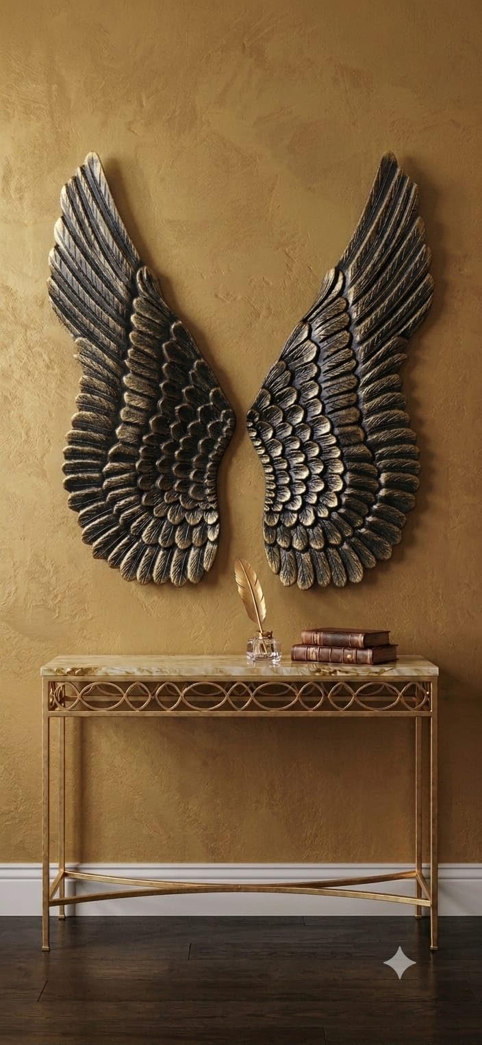 Aafiyat Decorative Wooden Angel Wings Wall Art | Hand-Carved Rustic Home Decor for Living Room Handmade Wooden Wings Wall Hanging | Vintage (GOLDEN BLACK)-image-29