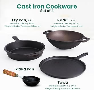 The Indus Valley Pre-Seasoned Cast Iron Cookware Set | Tawa(25.2cm), Fry Pan (25cm), Wok Model Kadai (26cm) & Tadka Pan (16.4cm) | Kitchen Cooking Combo Pots and Pans Set of 4Pcs Black