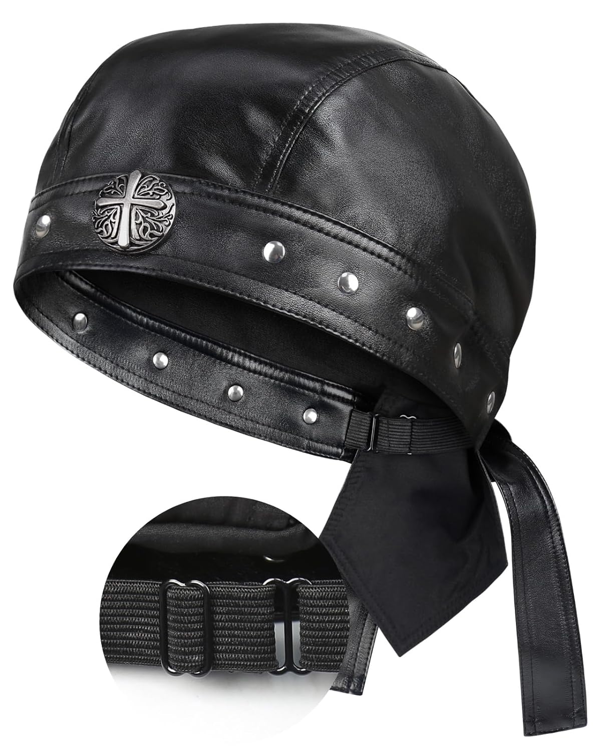 Leather Skull Cap - Adjustable Black Biker Skull Cap Motorcycle Leather Hat Doo Rag Bandana