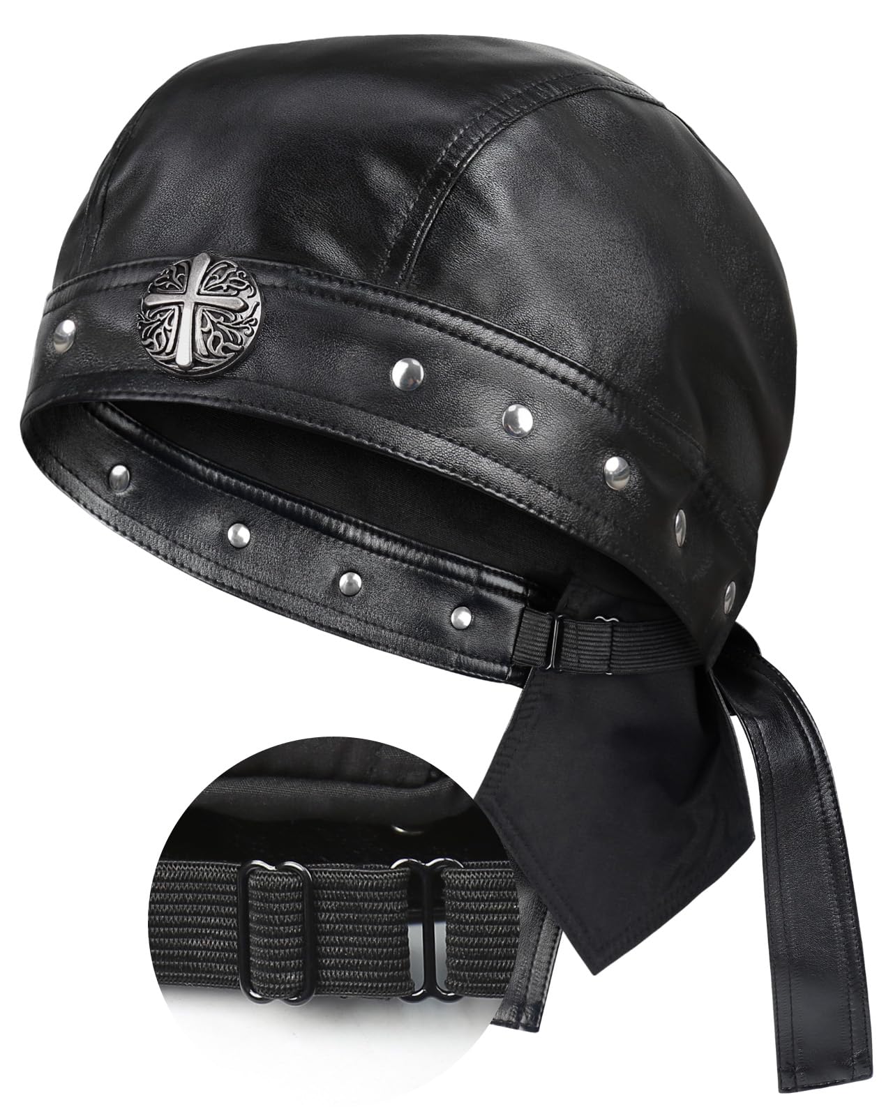 Leather Skull Cap - Adjustable Black Biker Skull Cap Motorcycle Leather Hat Doo Rag Bandana