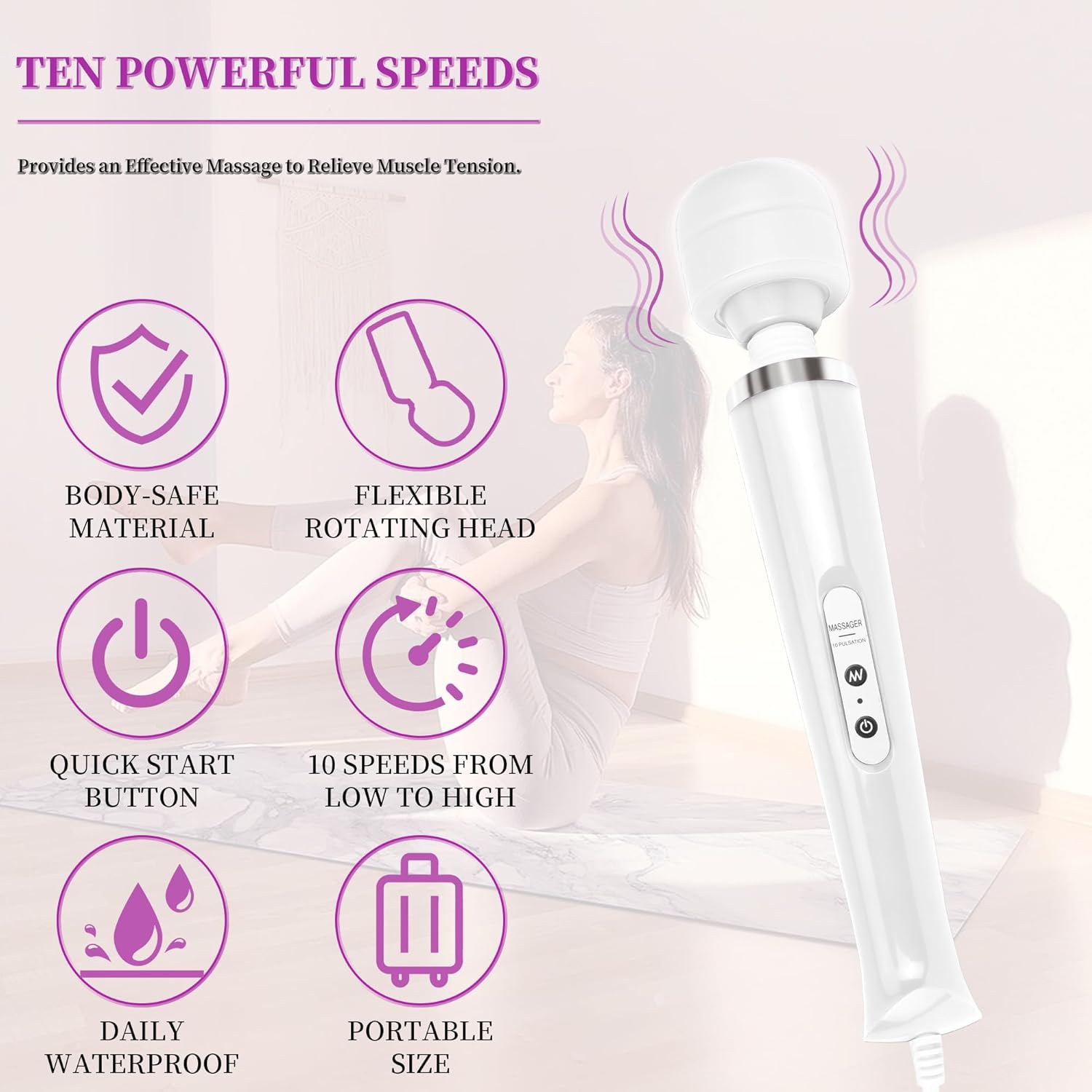 Handheld Massager, Personal Foot Deep Tissue Massager, Back Massager with 10 Speed Settings, Powerful Whole Body Massage Tool for Muscle, Back, Foot, Neck (White) - Image 4