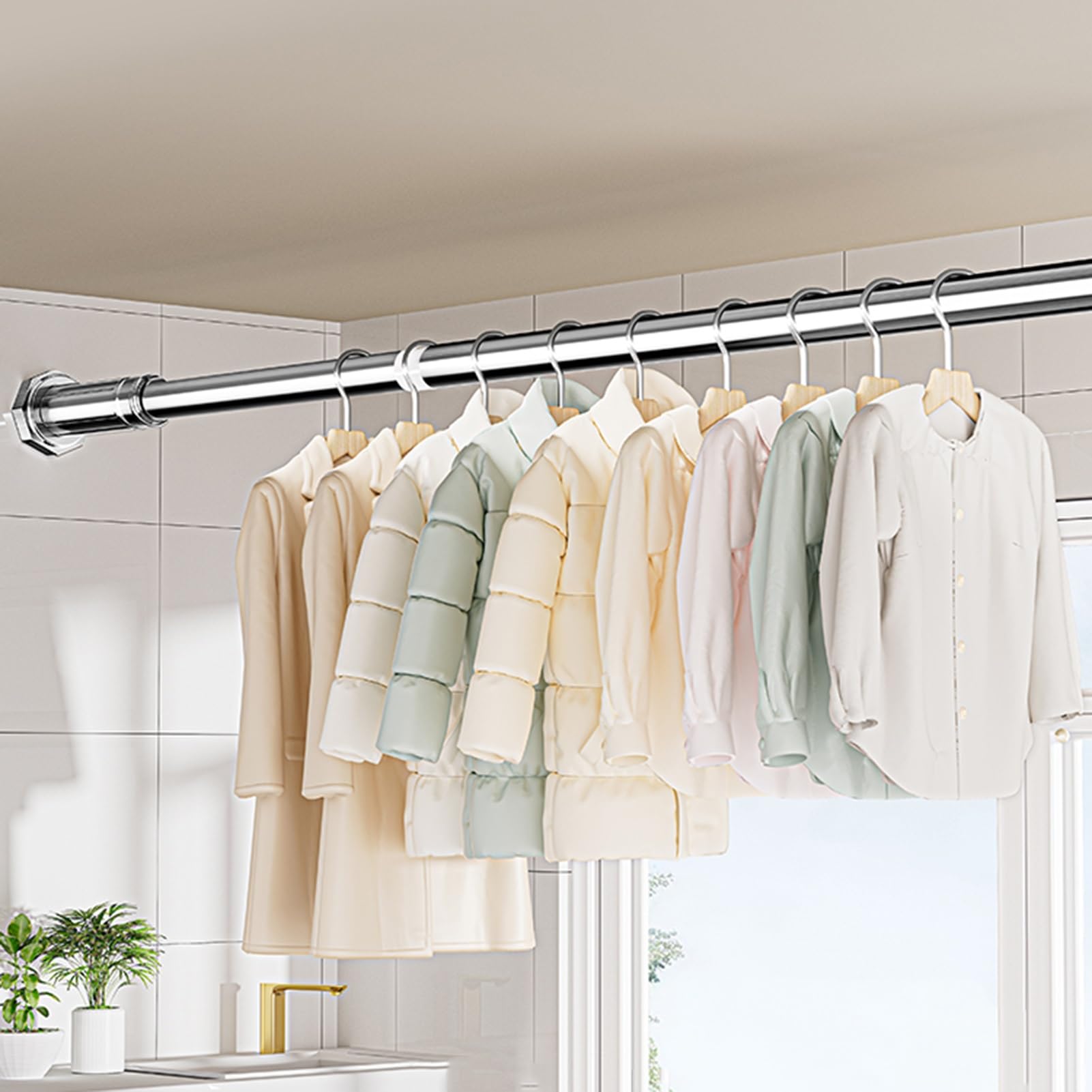 Closet Rod Balcony Hanging Clothes Bar No Drilling, Telescopic Closet Wardrobe Hanger Pole, Adjustable Laundry Room Shower Curtain Tension Rod(3 Pcs,90-160cm)