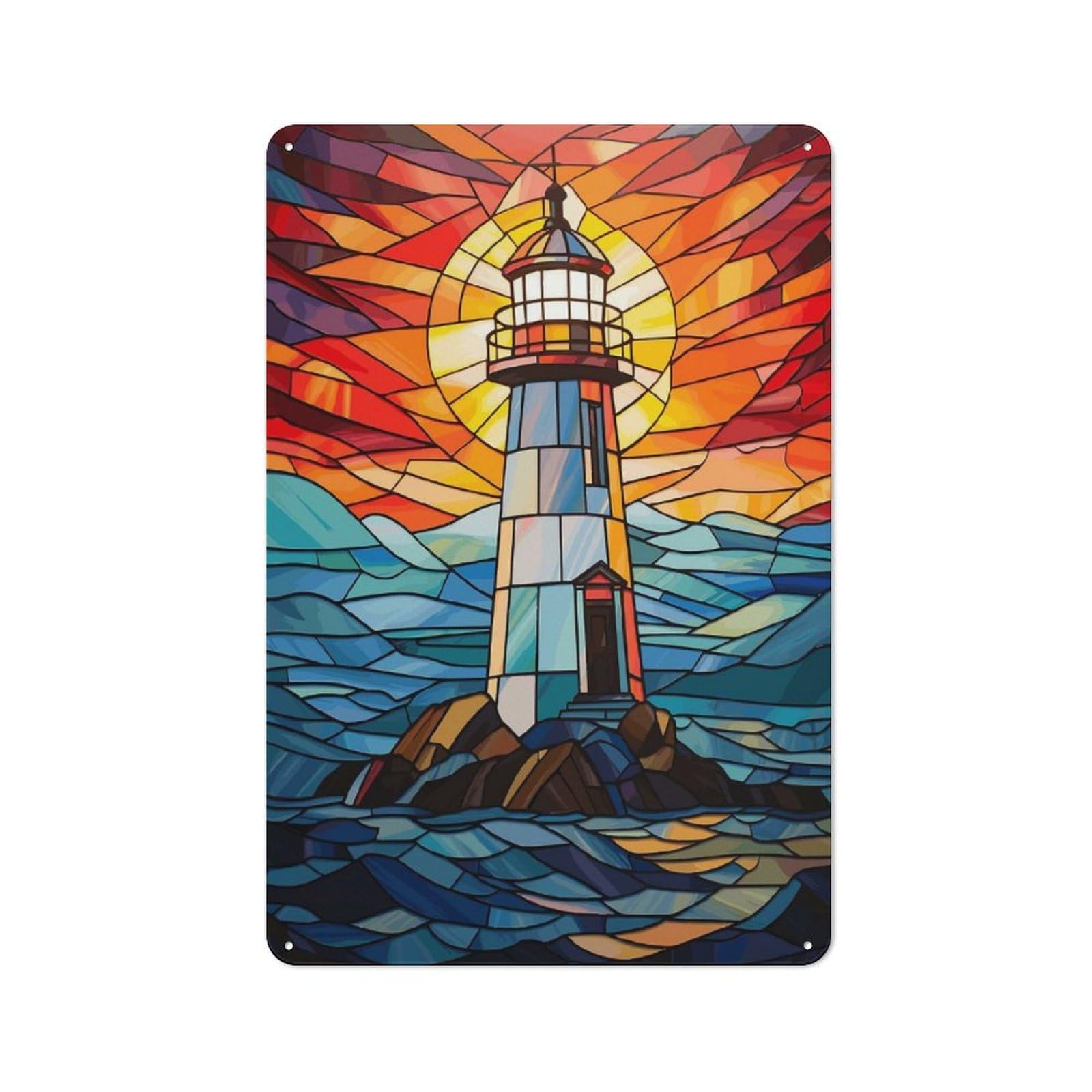 Junmoney Style-18 Character Decorative Tin Plaque 30X20cm Featuring Lighthouse Stained Glass, Home Wall Decor For Flat, Dorm Room, Lounge Or Cafe