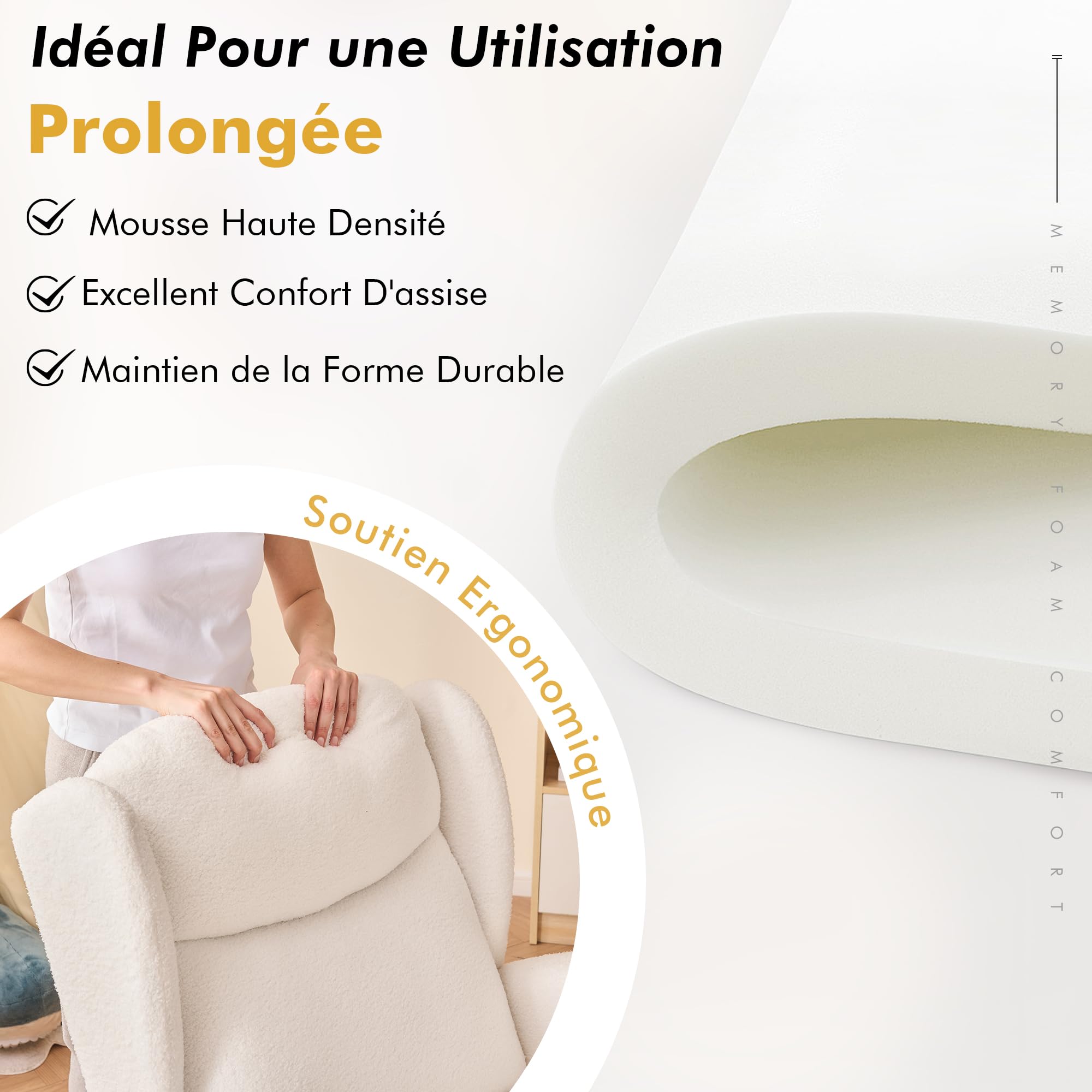 DEKKETO Fauteuil à Bascule avec Repose-Pieds - Rocking Chair Allaitement à Dossier Haut et Poche, Chaise a Bascule à Oreilles en Bouclette, pour Salon, Chambre Bebe, Blanc