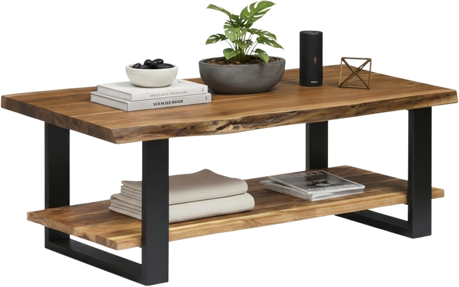 Alaterre Furniture Alpine 2-Tier Live Edge Coffee Table – 48" Solid Acacia Wood with Natural Finish, Lower Shelf Storage and Metal Frame – Modern Farmhouse Style for Living Room or Home Office
