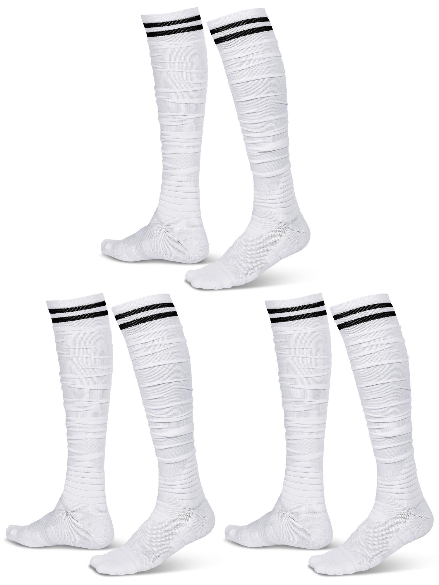 Geyoga 3 Pairs Scrunch Football Socks Extra Long Padded Sport Socks for Men and Boys Stripes Football Athletic Socks