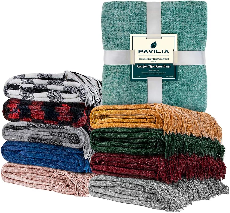 PAVILIA Blue Chenille Throw Blanket for Couch Sofa, Soft Knit Throw with Tassel, Decorative Blanket for Bed Chair Living Room, Blue 50x60 - Image 9