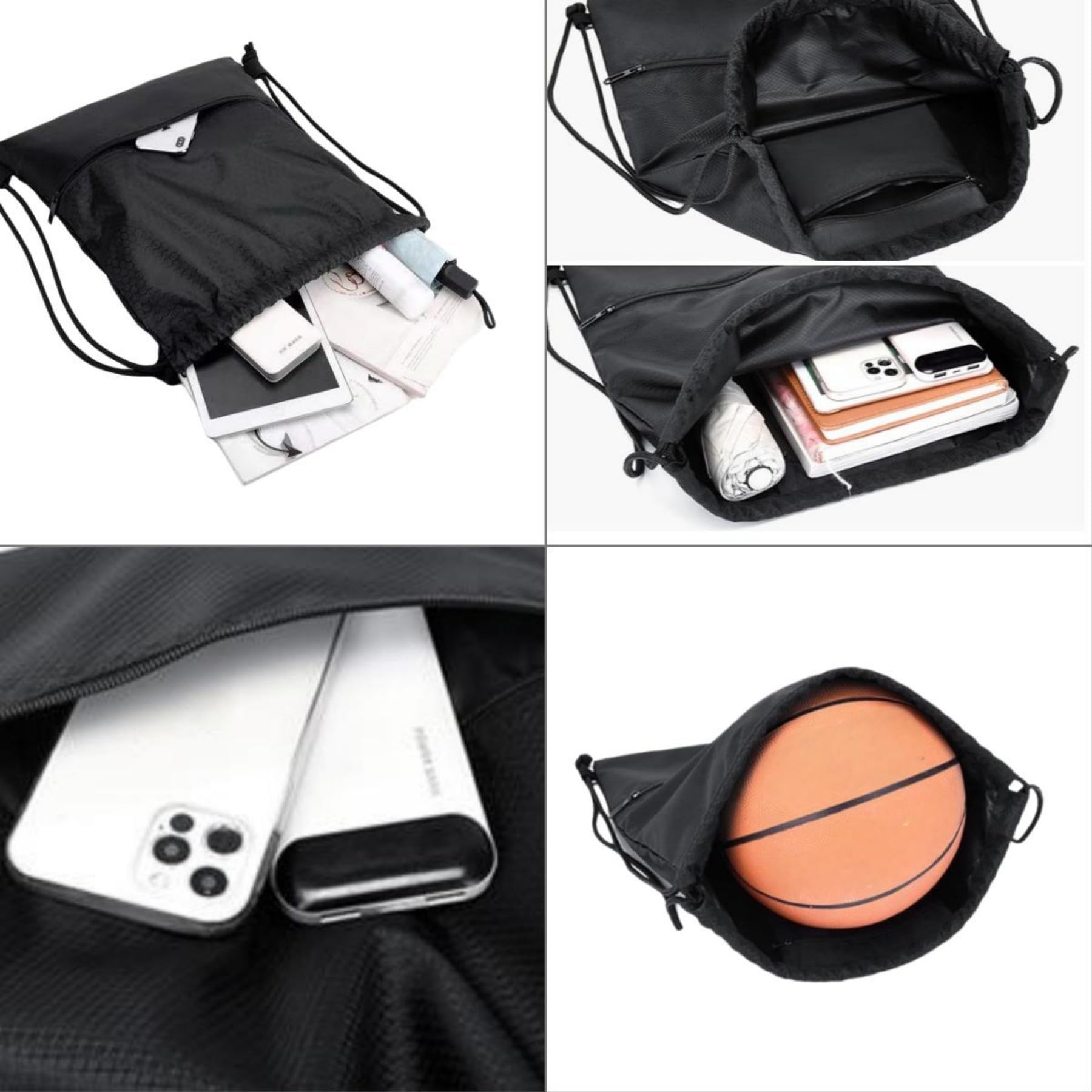 Arae Sac à dos à cordon étanche en tissu Oxford avec poche avant, sac de sport léger pour la remise en forme et les voyages, Noir, S