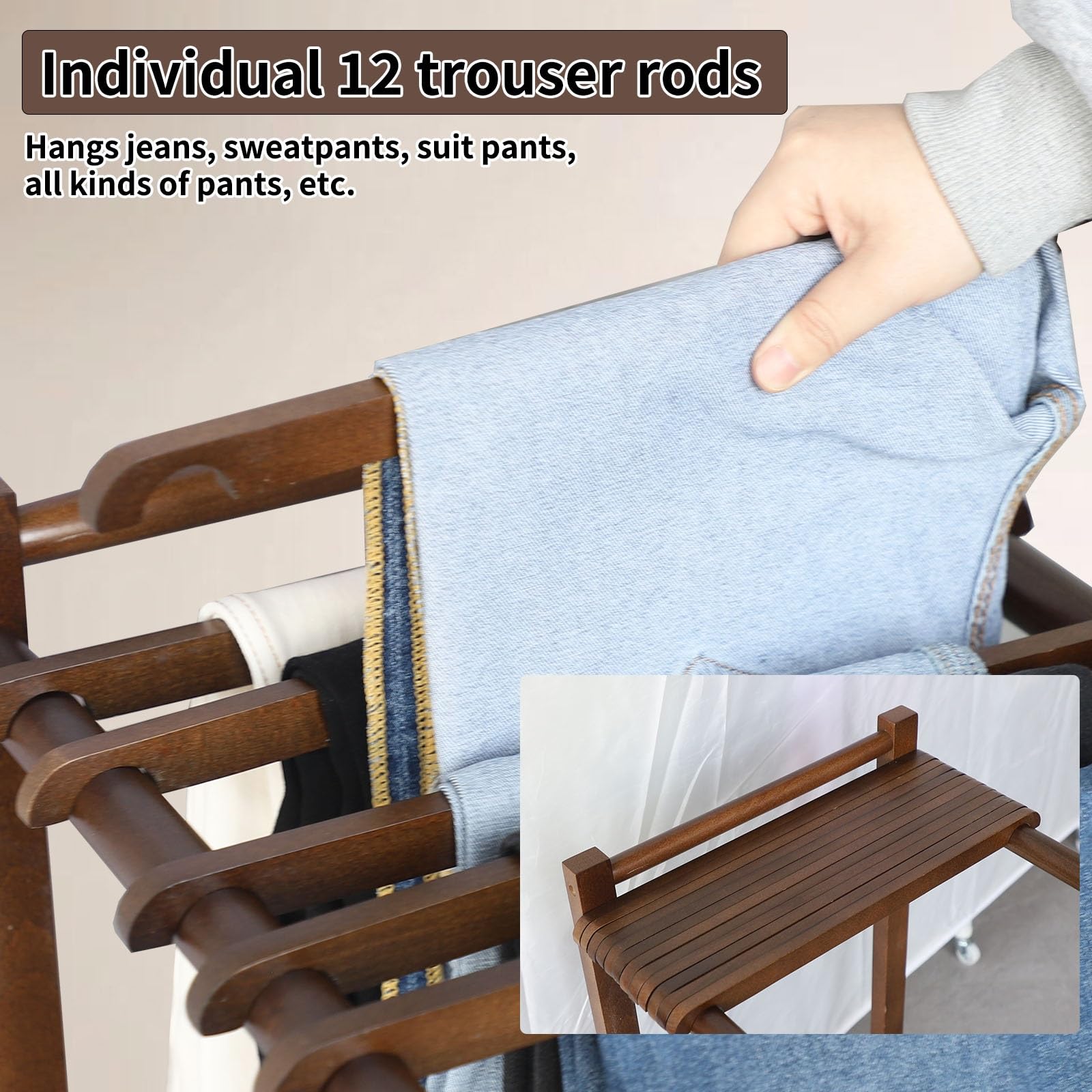 Pantalones de madera Ha con ruedas para armario con ropa de 12 Ha y Sto para pantalones, pantalones cortos, jeans, pantalones, carrito (nogal)