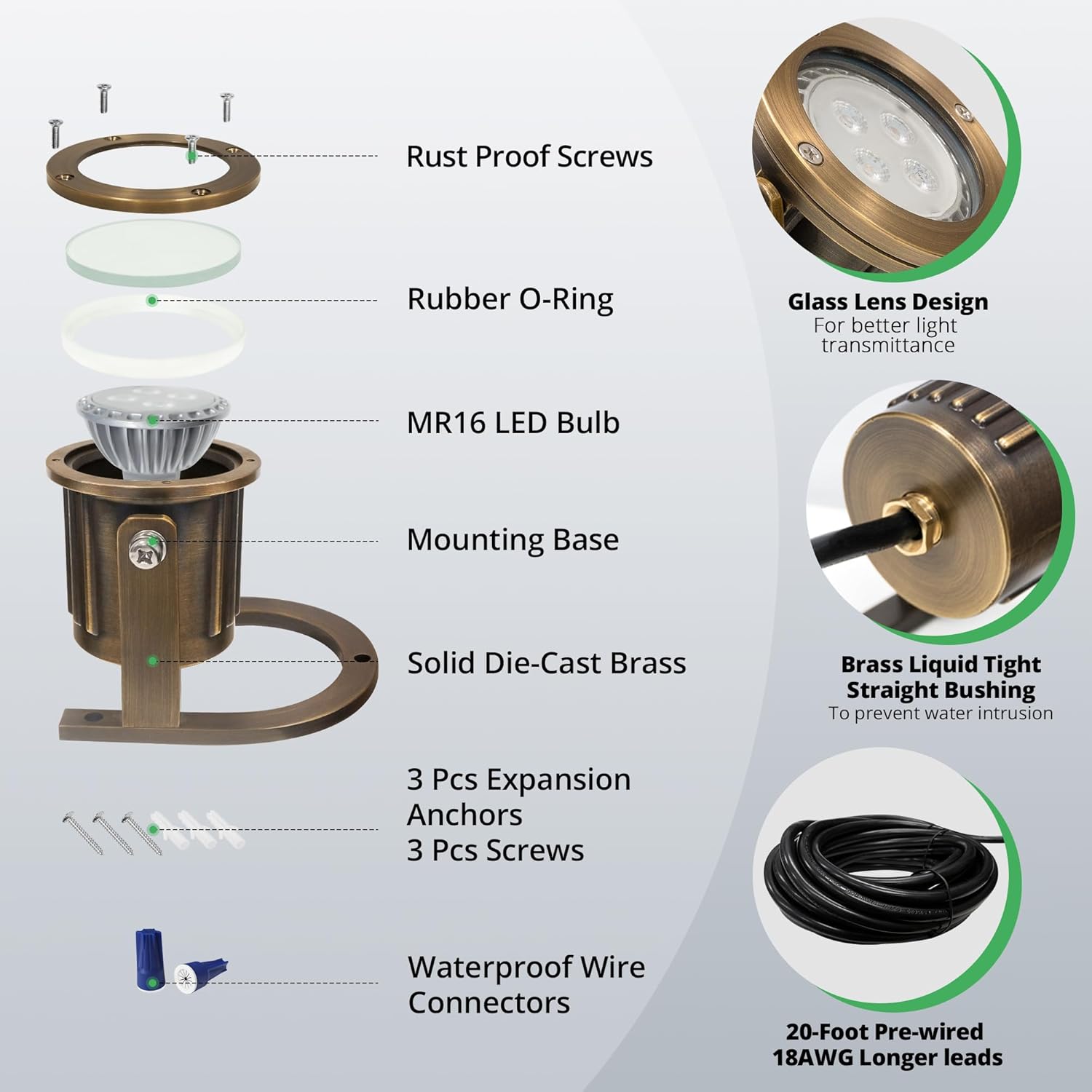 GKOLED Solid Brass Underwater Light, Low Voltage LED Pond Lights, Submersible Fountain Lighting with 5W 2700K 410LM MR16 Bulb, 9-15V AC/DC Outdoor Landscape Light, IP68 Rated Pool Spotlights, 2 Pack