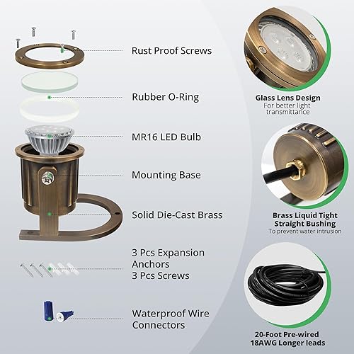 Miniatura 4 de GKOLED Luz subacuática de latón macizo, luces LED de estanque de bajo voltaje, iluminación de fuente sumergible con bombilla MR16 de 5 W, 2700 K,