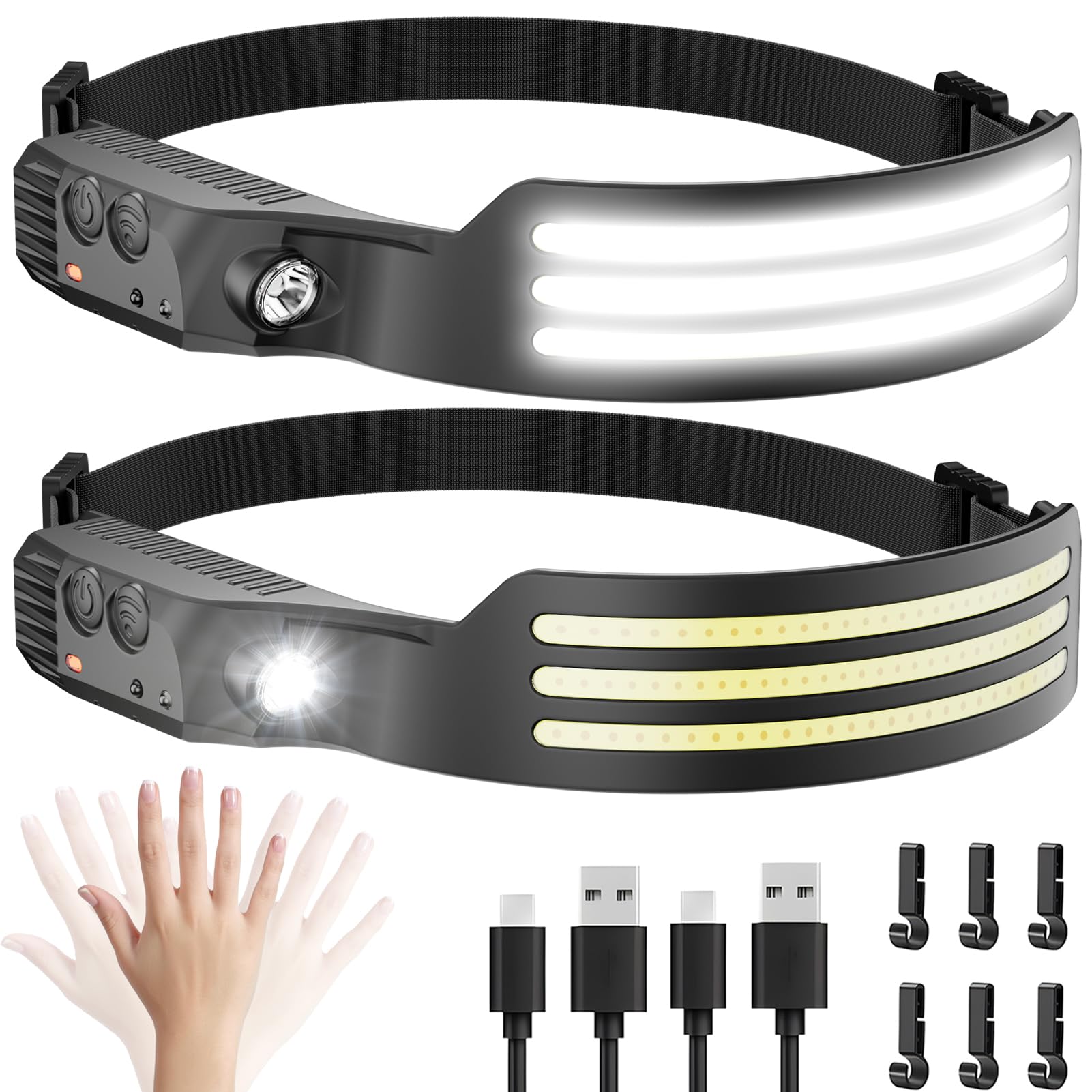Dopalloy 4 Stück Stirnlampe LED Wiederaufladbar, 230° Weitwinkel Superhell Kopflampe mit Sensor, USB Aufladbar LED Stirnband mit Licht für Joggen Angeln Wandern Working, Camping Zubehör Ausrüstung