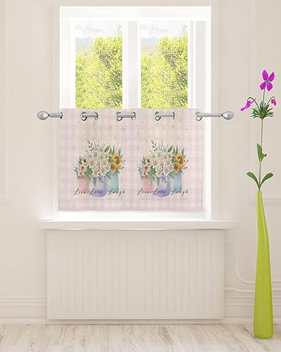 Live Love Laugh Sheer Curtains 24 Inch Length Light Filtering Curtain Panel for Windows, Rustic Style Daisy Sunflower and Plaid Grommet Semi Sheer