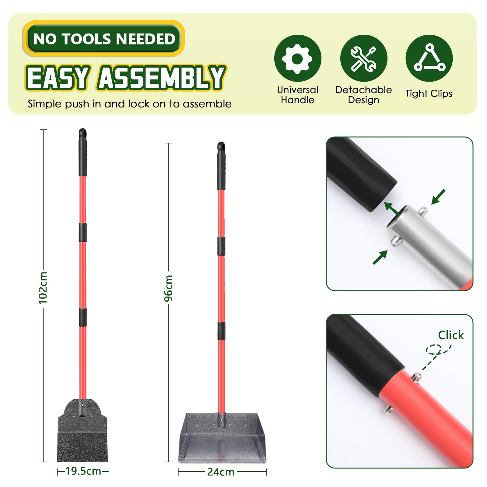 Kit con vassoio e pala per cani, resistente paletta per cacca per cani, con manico lungo regolabile in metallo, portatile, con 10 sacchetti per rifiuti, per cortile, passeggiate, erba e foglie da