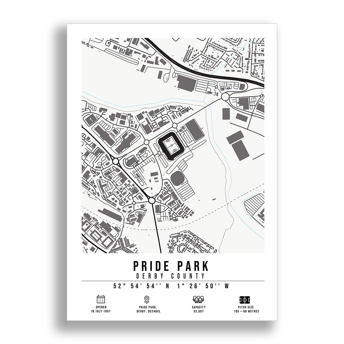 Pride Park Stadium Map Minimalist A4/A3 Poster Photo Print Framed Gift Derby County (A4 Poster Only)