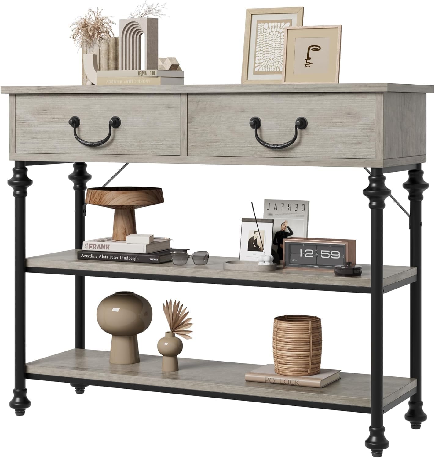 GarveeHome Mesa Consola Estrecha Moderna con 2 cajones y estantes – Estilo Columna Romana, Patas Calabaza – para recibidor, salón, Pasillo o detrás del sofá – Estructura Robusta – Color Gris