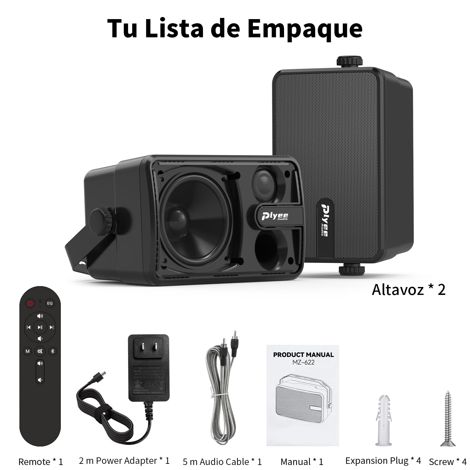Altavoz Bluetooth para Exterior, Altavoz de Pared Activo + Pasivo, Diseño Compacto, Compatible con Entrada Auxiliar, Adecuado para Patio, Porche, Garaje, Pack de 2 (MZ-650)