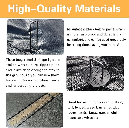 Miniatura 7 de 100 grapas negras para paisaje + 100 arandelas amortiguadoras, estacas de jardín de calibre 11 de 6 pulgadas, pasadores de césped galvanizados en