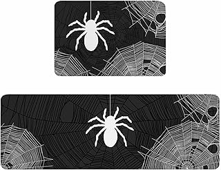 Halloween Kitchen Rugs and Mats Non Slip Washable Set of 2, Spiders Spiderweb Retro Black White Lines Kitchen Runner Rugs Mats for Floor Laundry Room Hallway 17.7"x30"+17.7"x47.2"