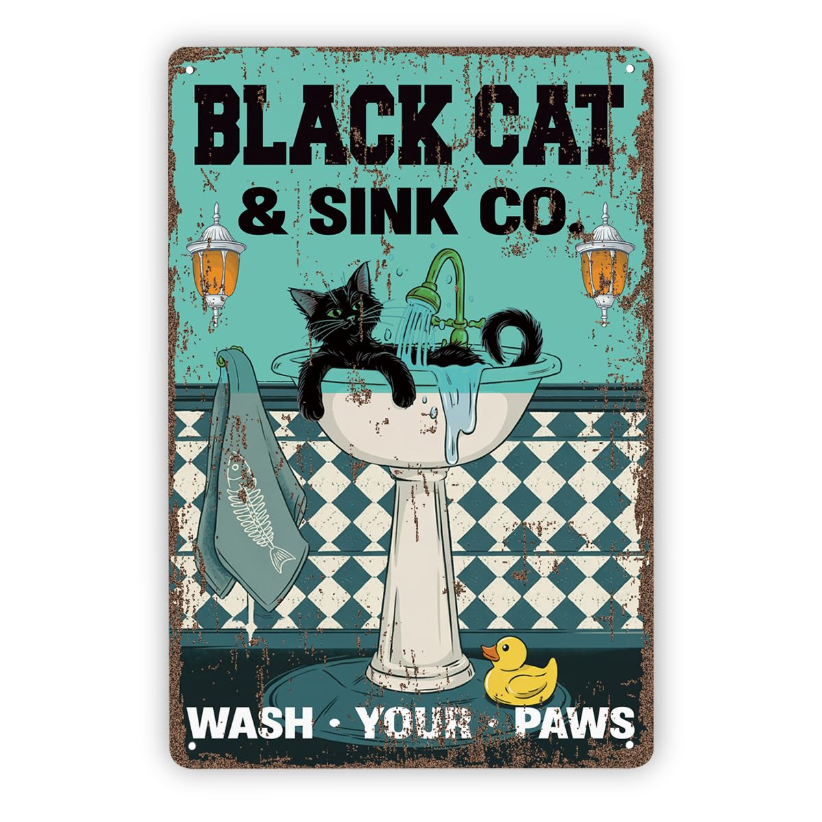Cat Wash Your Paws Rustic Bathroom Tin Sign, 11.8x7.9in